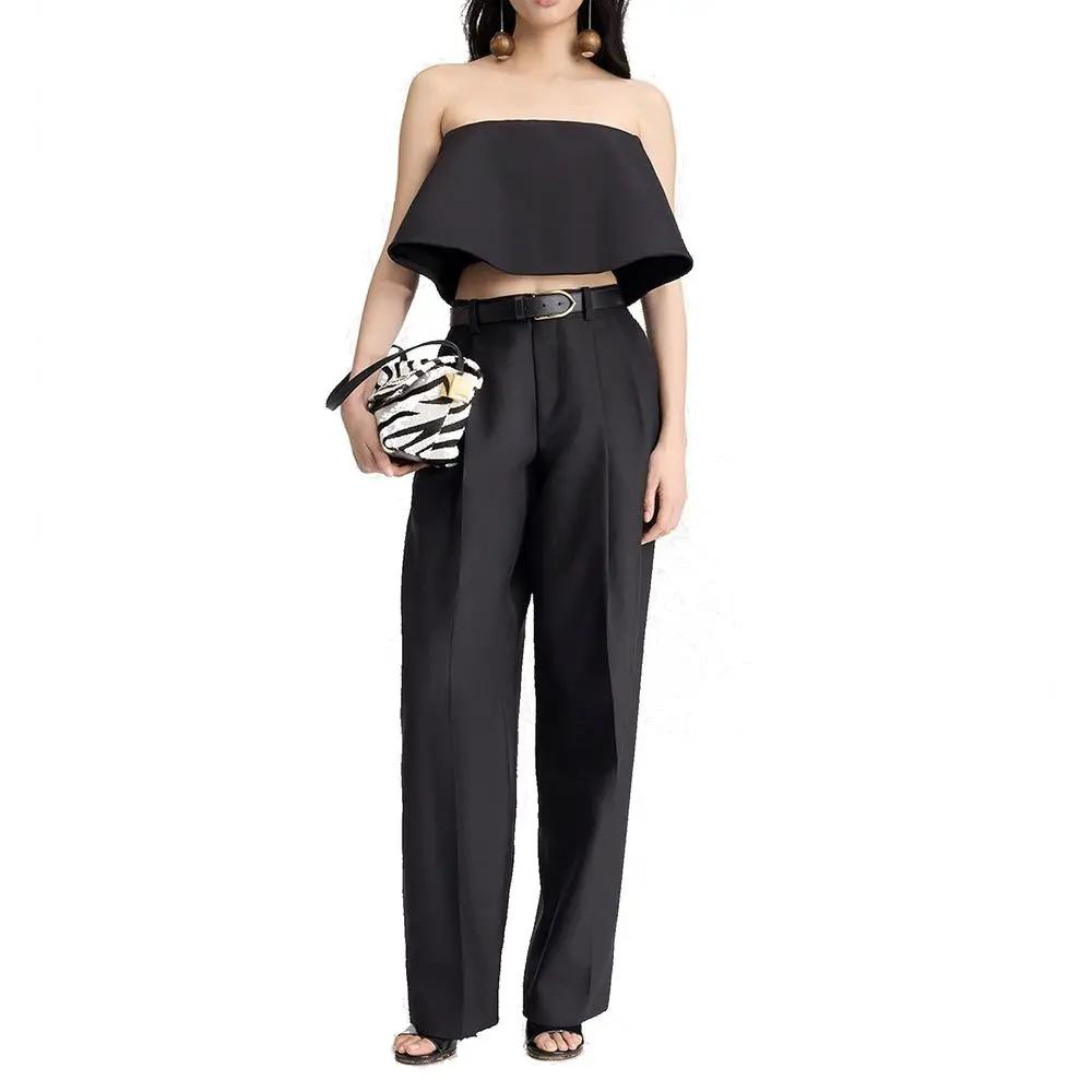 Pantalon noir évasé soie laine femme – Jacquemus taille mi-haute coupe large