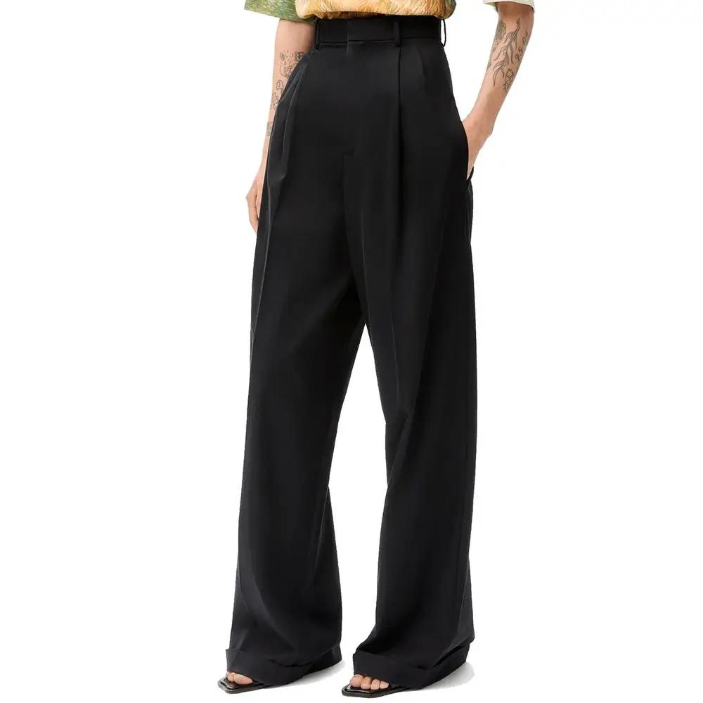 Women’s Black Cotton Silk Wide-Leg Pants – Loewe Relaxed Tailored Trousers Made in Italy