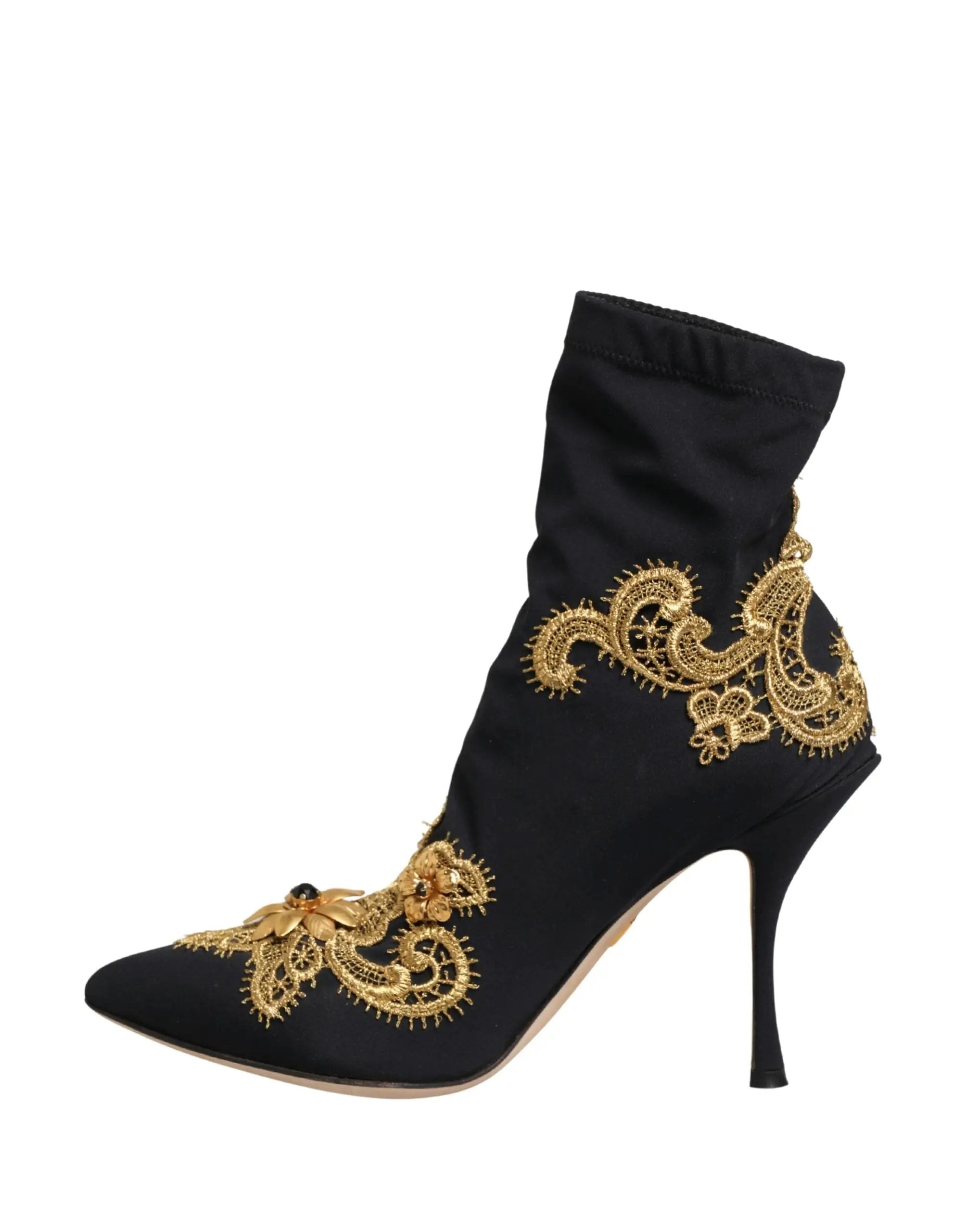 Dolce & Gabbana Black Gold Embroidery Crystal Boots Shoes