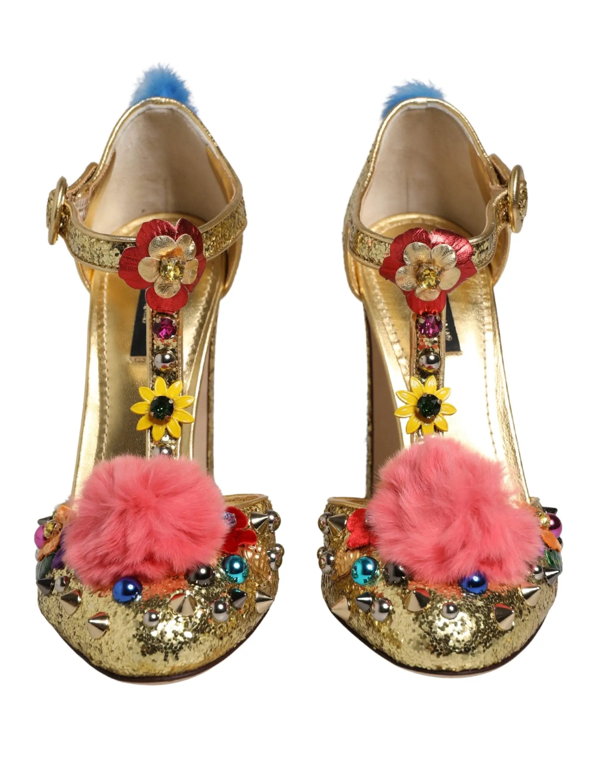 Chaussures Sandales T-strap Paillettes et Fourrure Dorées Dolce & Gabbana