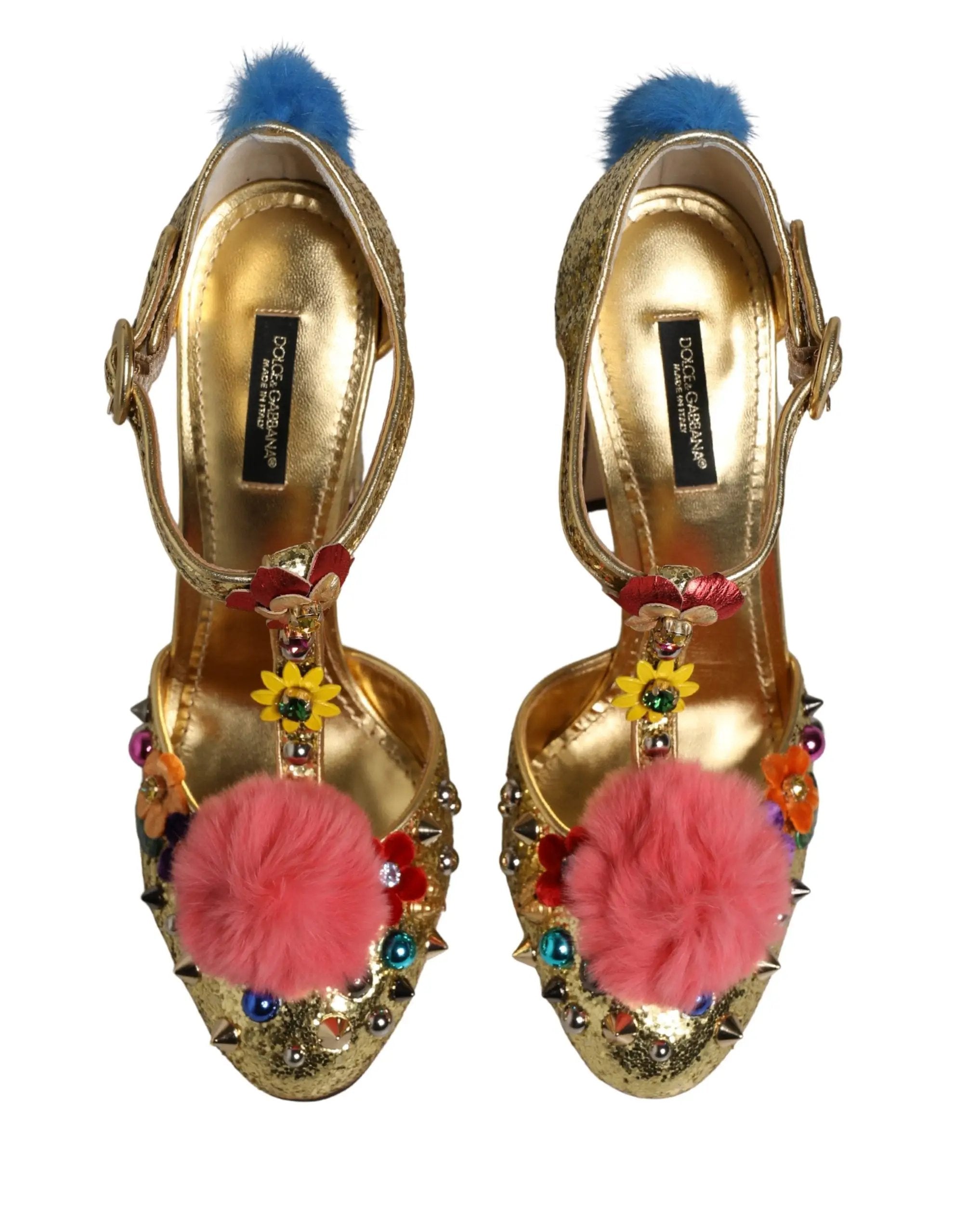 Chaussures Sandales T-strap Paillettes et Fourrure Dorées Dolce & Gabbana