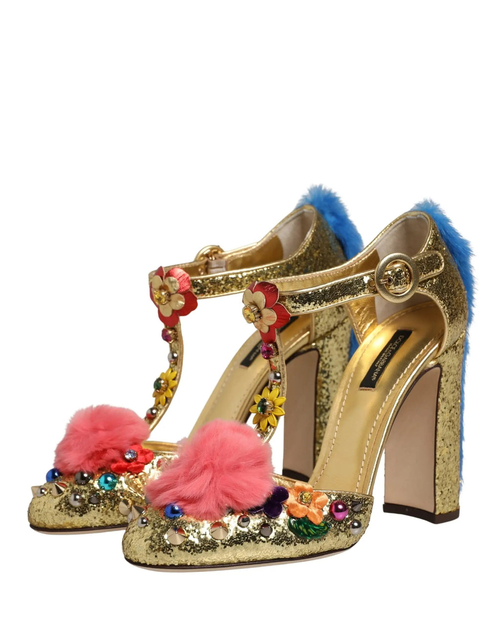 Chaussures Sandales T-strap Paillettes et Fourrure Dorées Dolce & Gabbana
