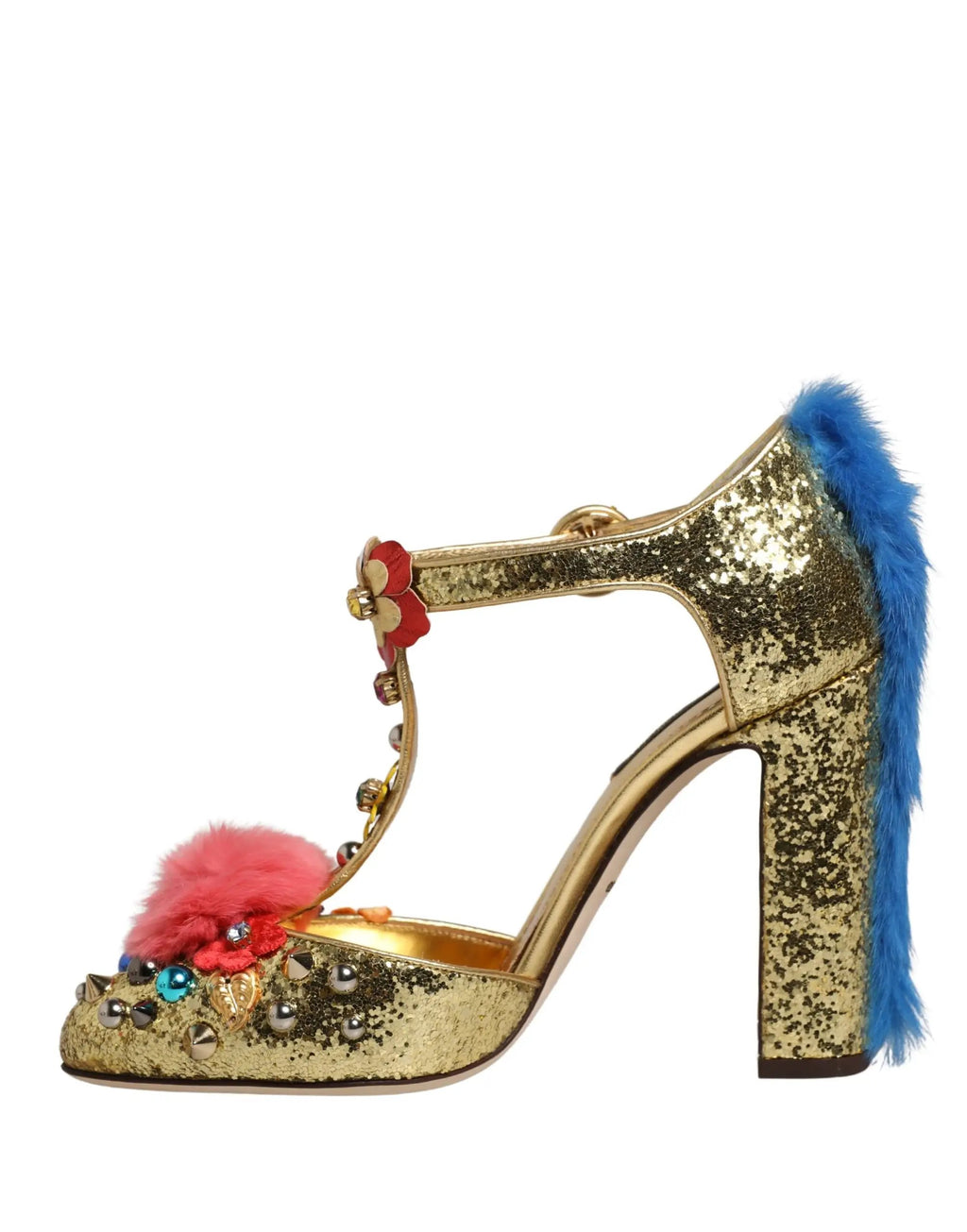 Chaussures Sandales T-strap Paillettes et Fourrure Dorées Dolce & Gabbana