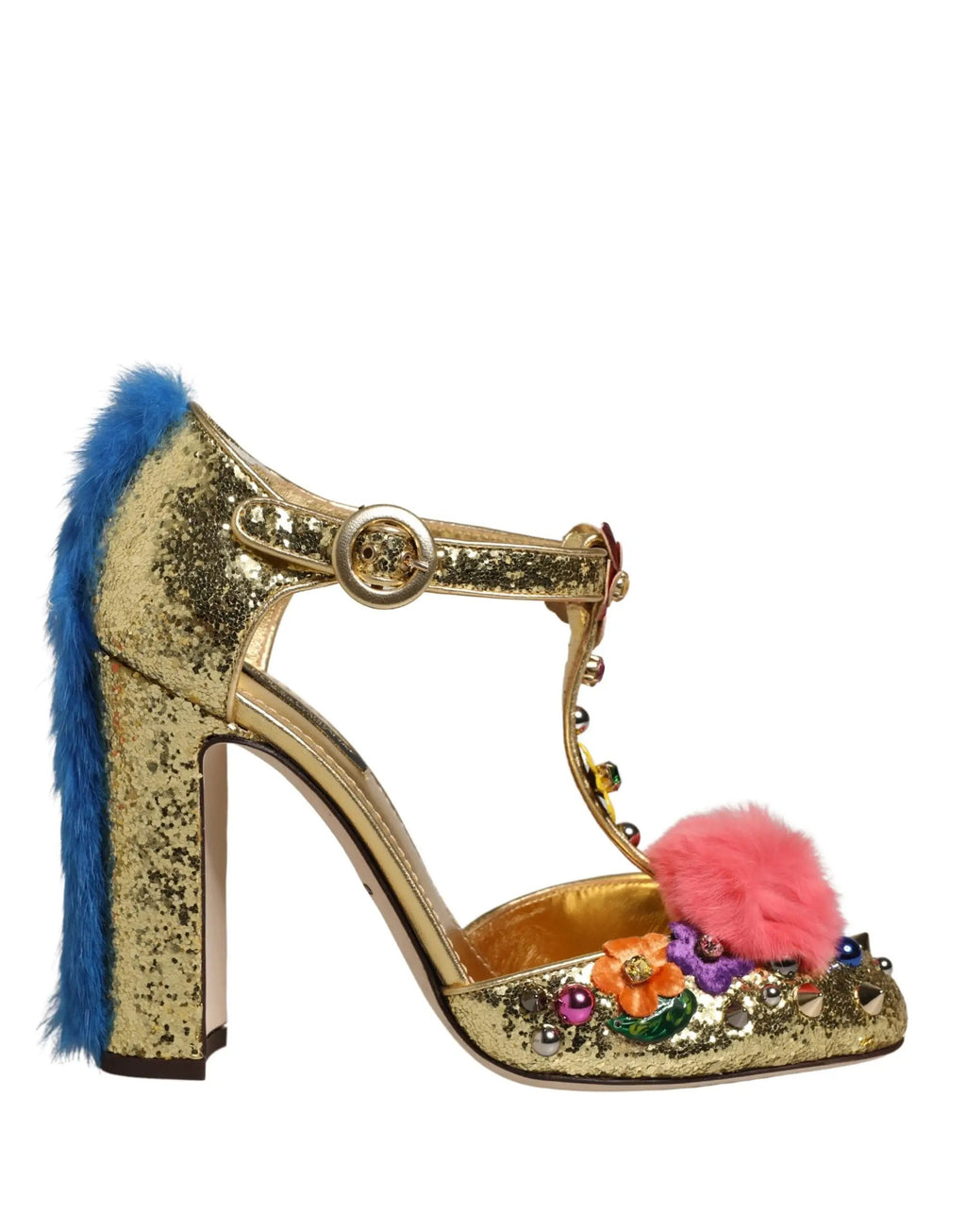 Chaussures Sandales T-strap Paillettes et Fourrure Dorées Dolce & Gabbana
