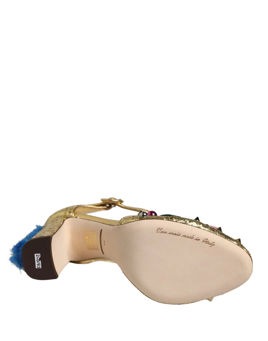 Chaussures Sandales T-strap Paillettes et Fourrure Dorées Dolce & Gabbana