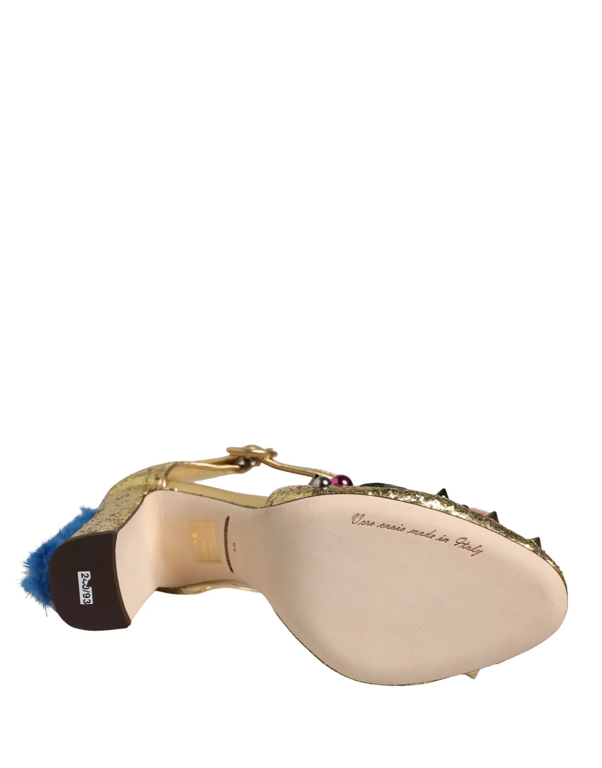 Chaussures Sandales T-strap Paillettes et Fourrure Dorées Dolce & Gabbana