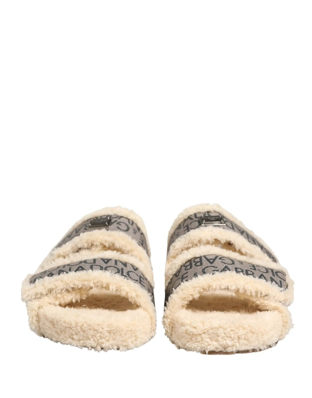Sandales plates Dolce & Gabbana beiges en fausse fourrure à imprimé logo
