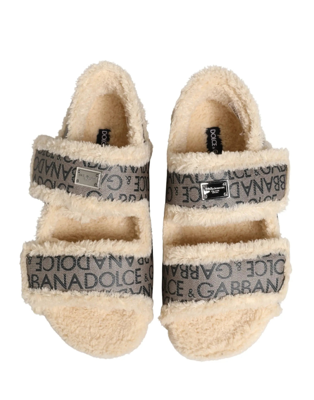 Sandales plates Dolce & Gabbana beiges en fausse fourrure à imprimé logo