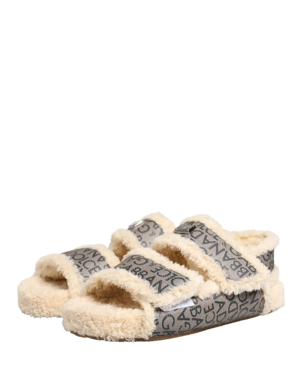 Sandales plates Dolce & Gabbana beiges en fausse fourrure à imprimé logo