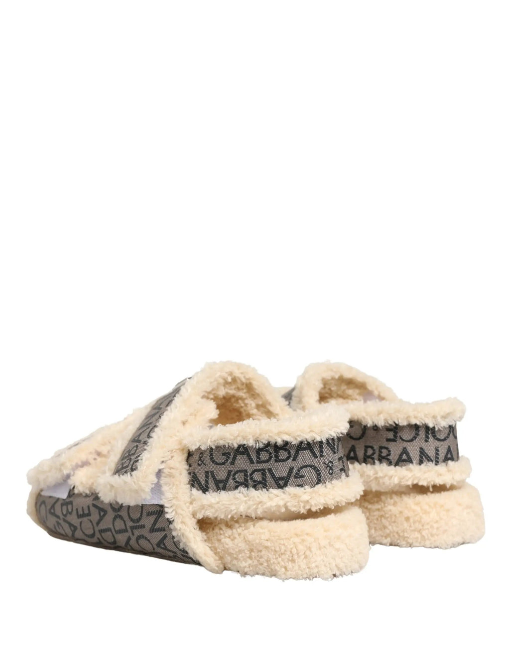 Sandales plates Dolce & Gabbana beiges en fausse fourrure à imprimé logo