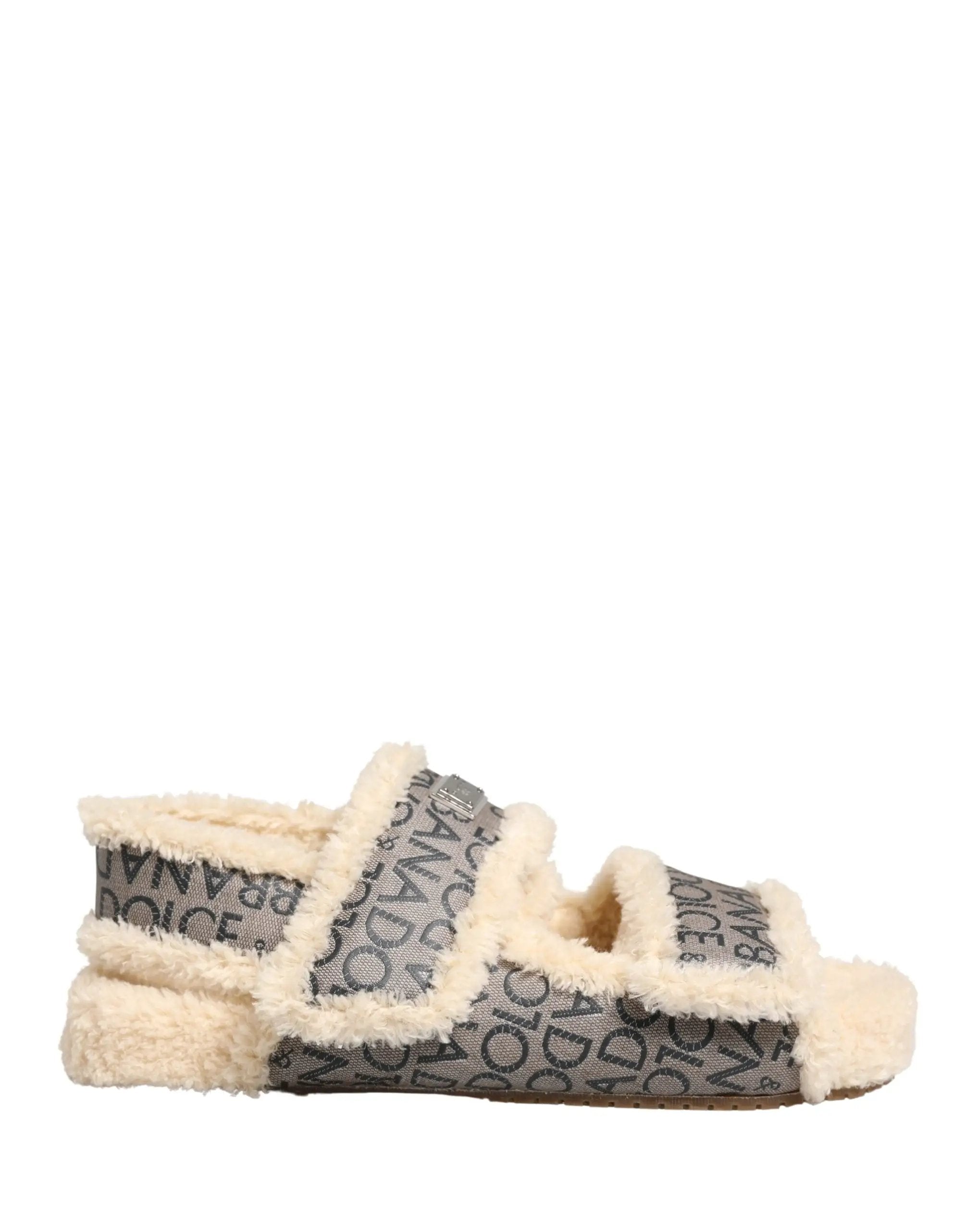 Sandales plates Dolce & Gabbana beiges en fausse fourrure à imprimé logo