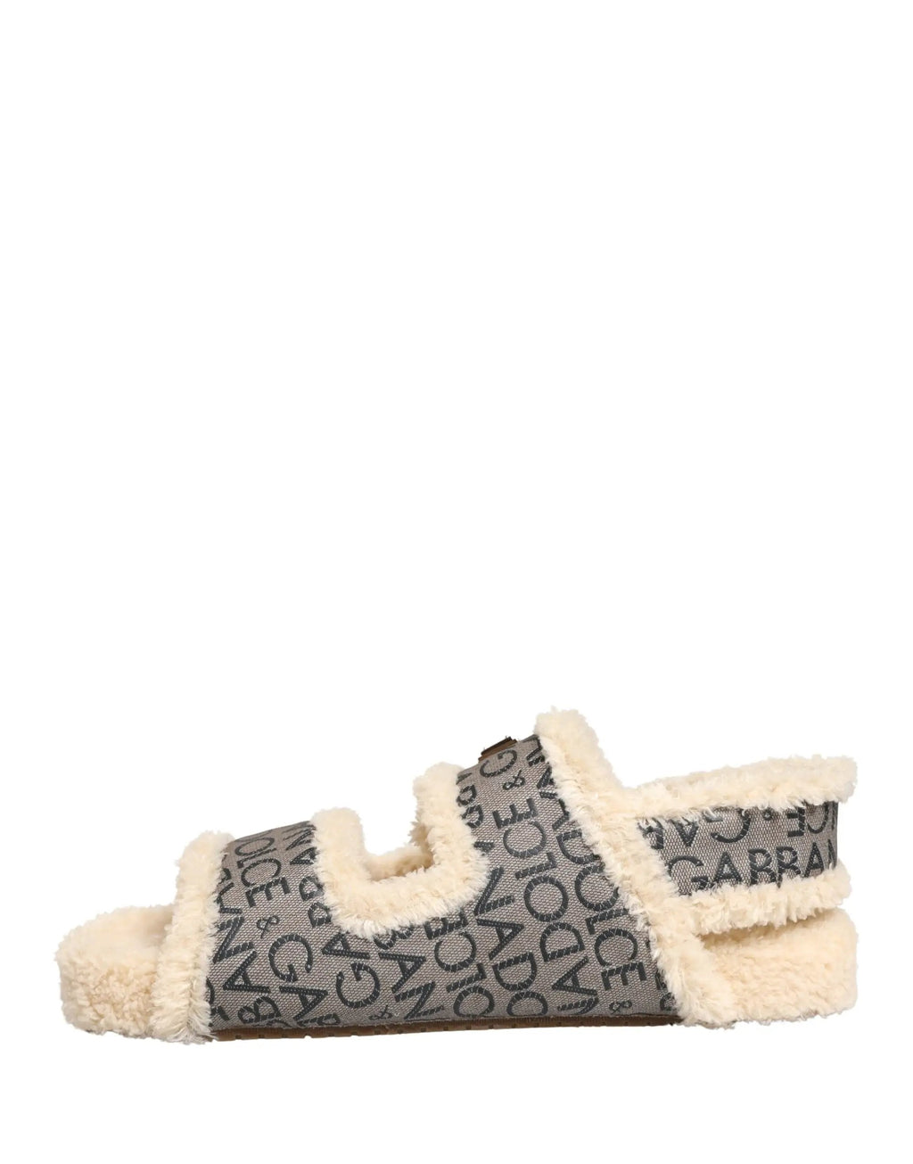 Sandales plates Dolce & Gabbana beiges en fausse fourrure à imprimé logo