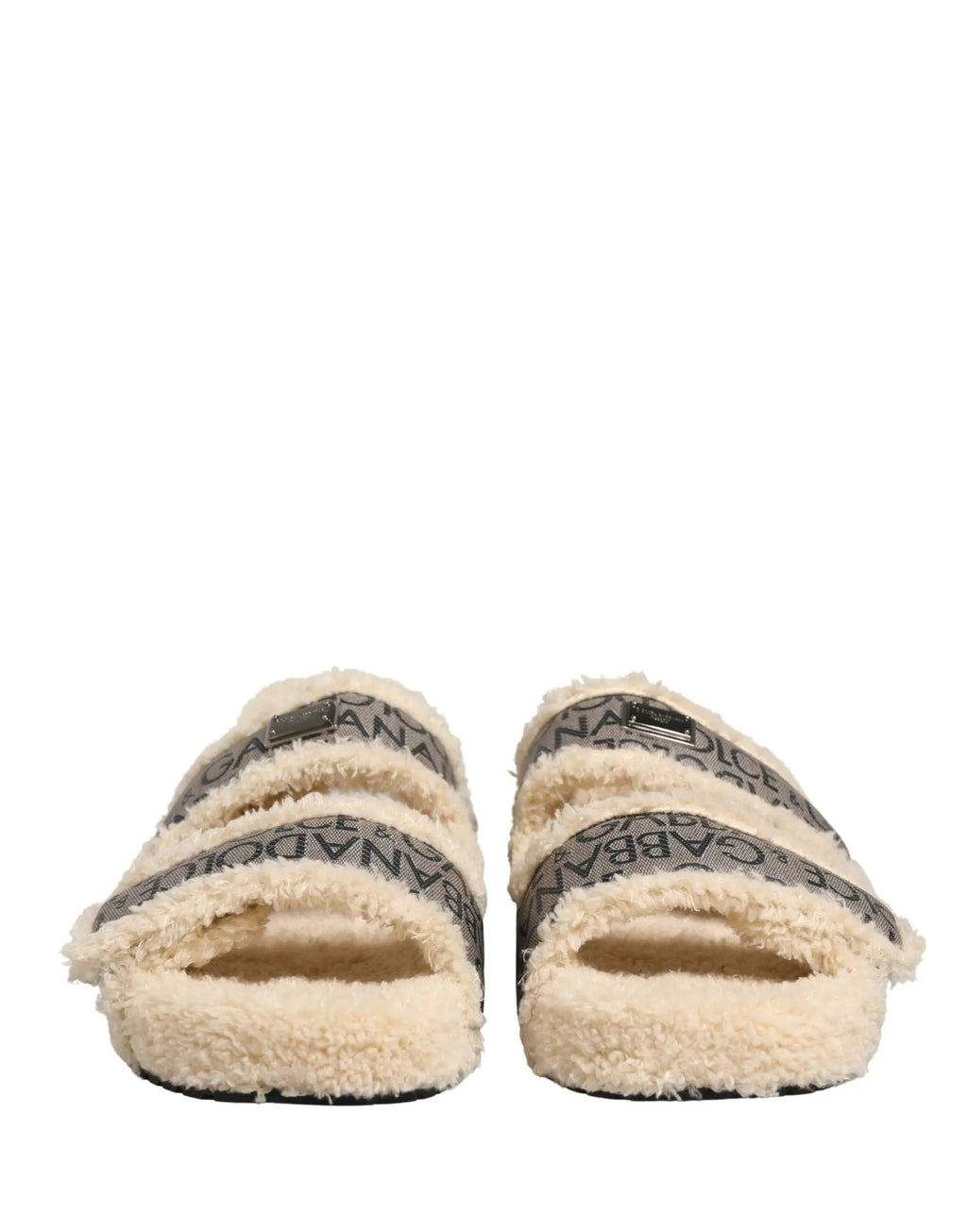 Chaussures Sandales Plates Dolce & Gabbana Beige Fausse Fourrure Imprimé Logo