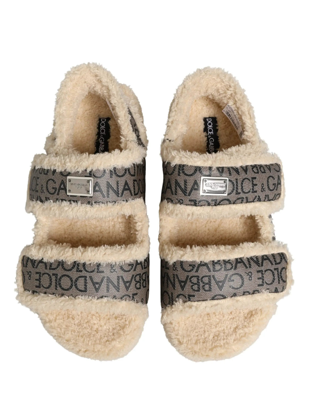Chaussures Sandales Plates Dolce & Gabbana Beige Fausse Fourrure Imprimé Logo