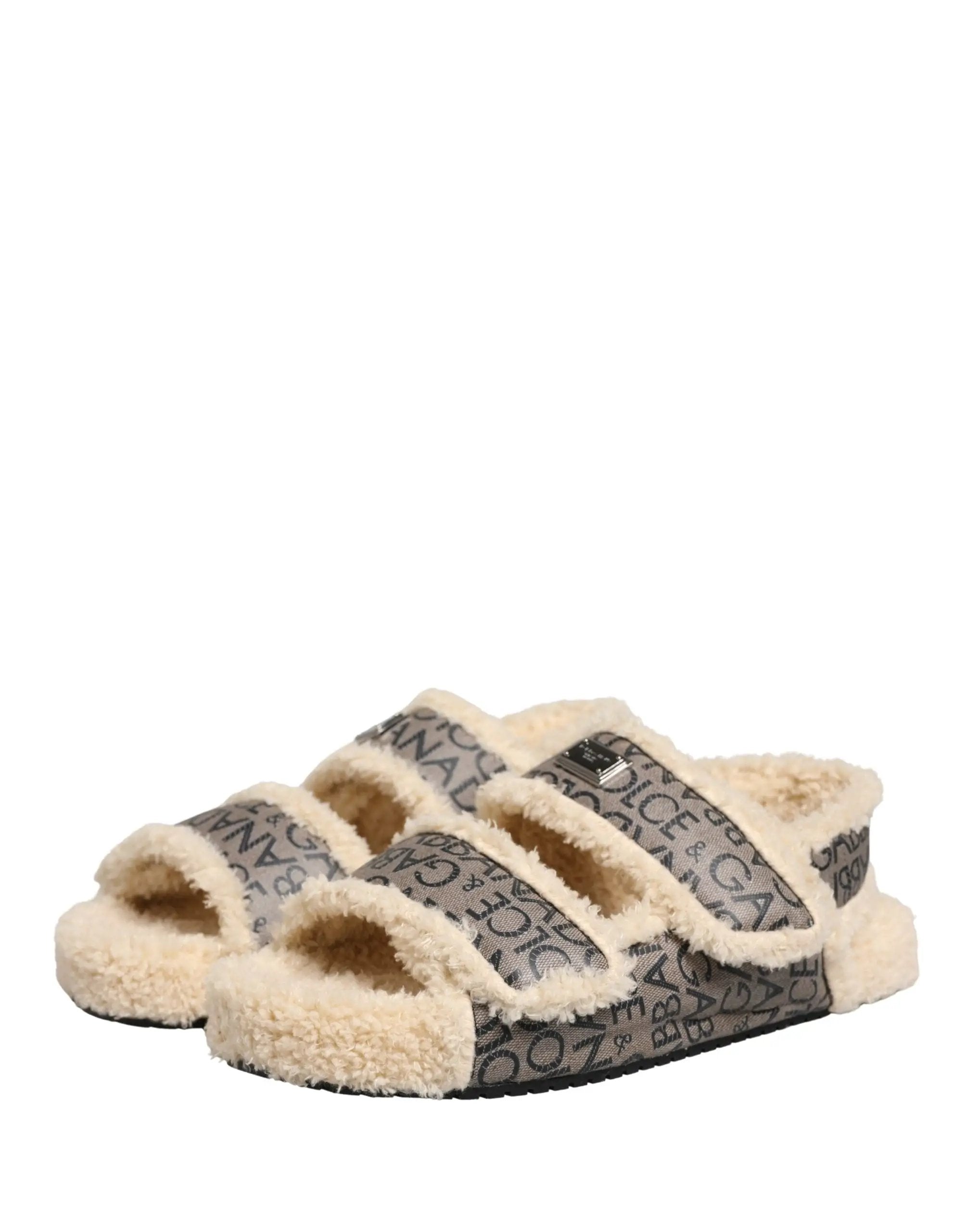 Chaussures Sandales Plates Dolce & Gabbana Beige Fausse Fourrure Imprimé Logo