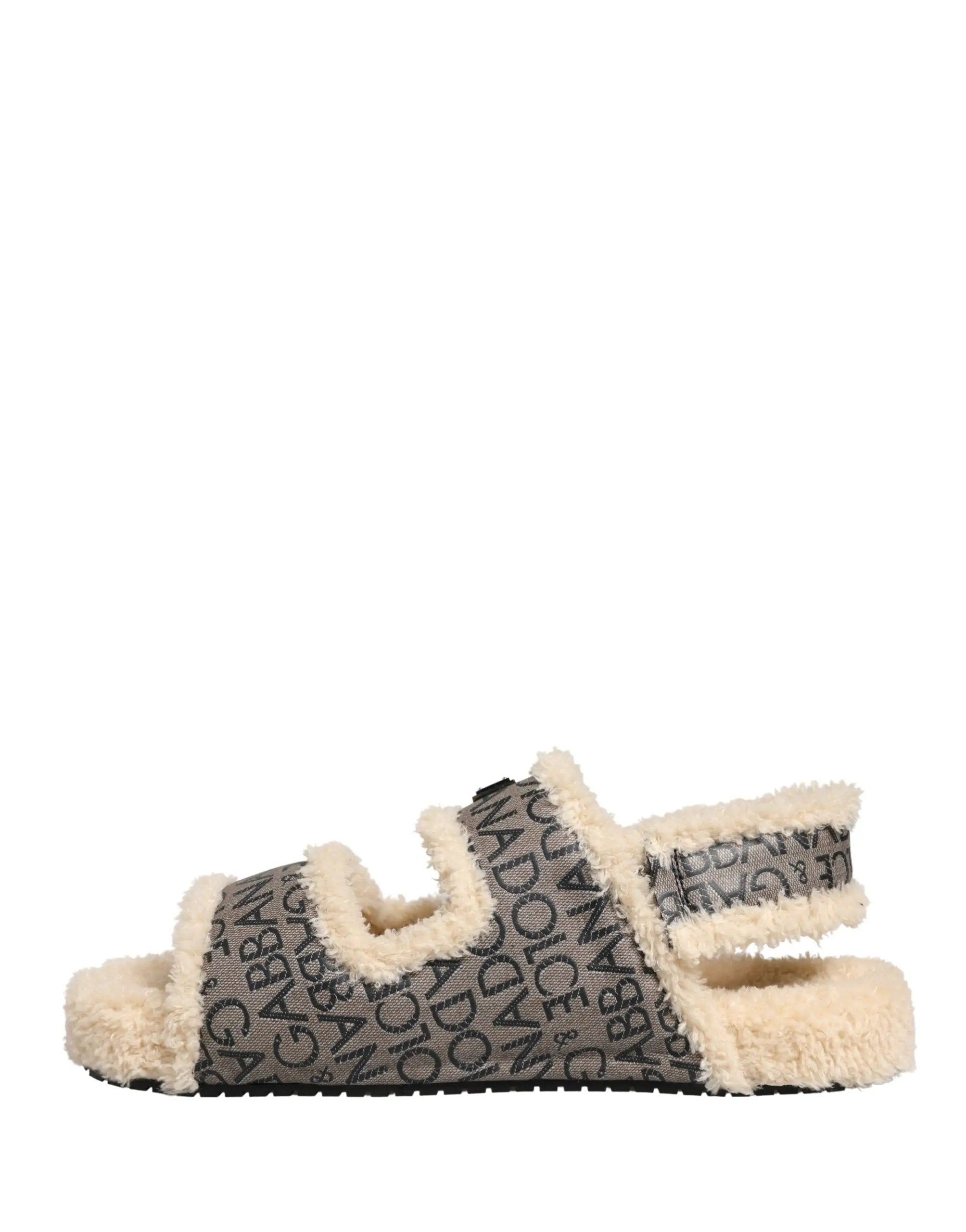 Chaussures Sandales Plates Dolce & Gabbana Beige Fausse Fourrure Imprimé Logo