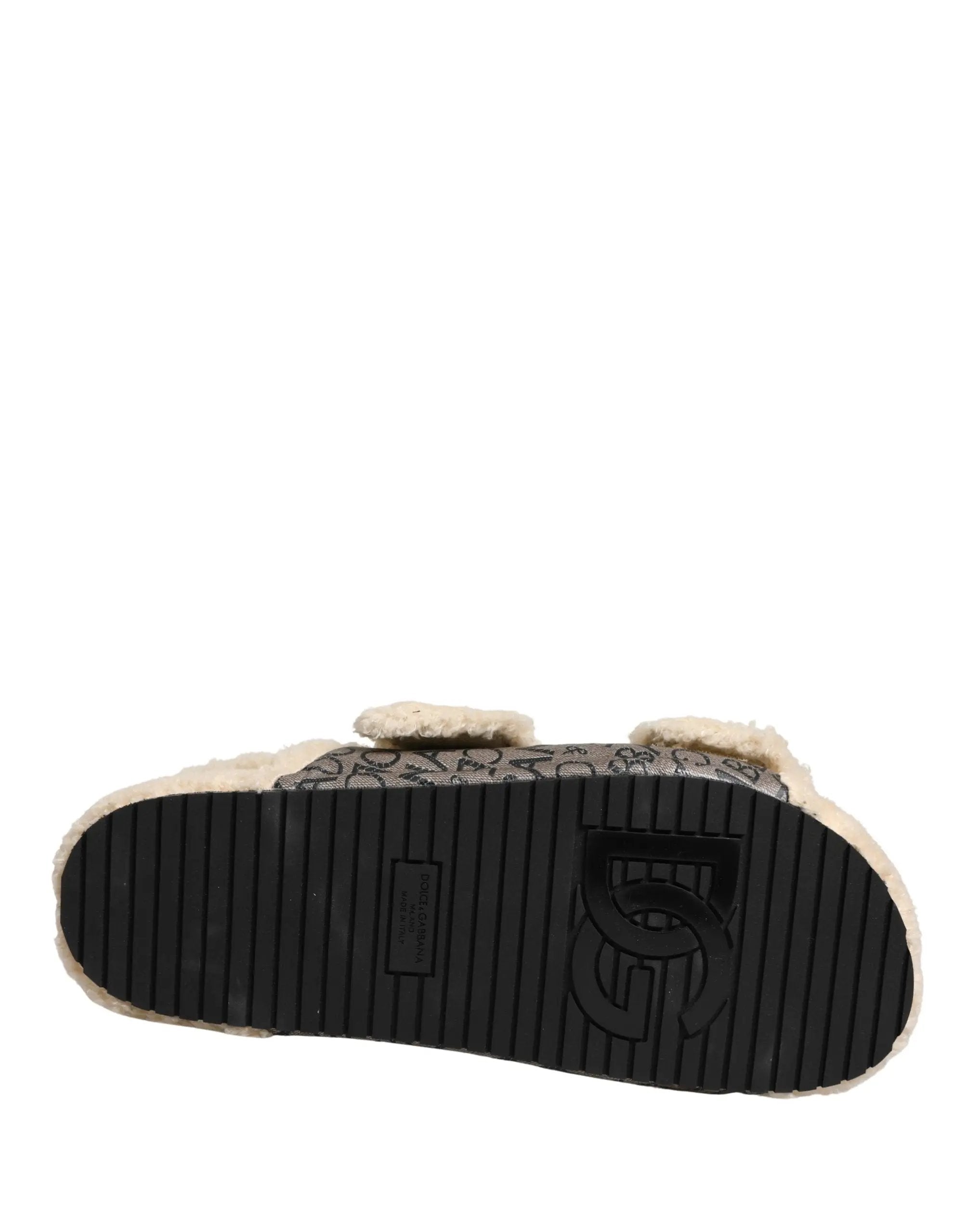 Chaussures Sandales Plates Dolce & Gabbana Beige Fausse Fourrure Imprimé Logo