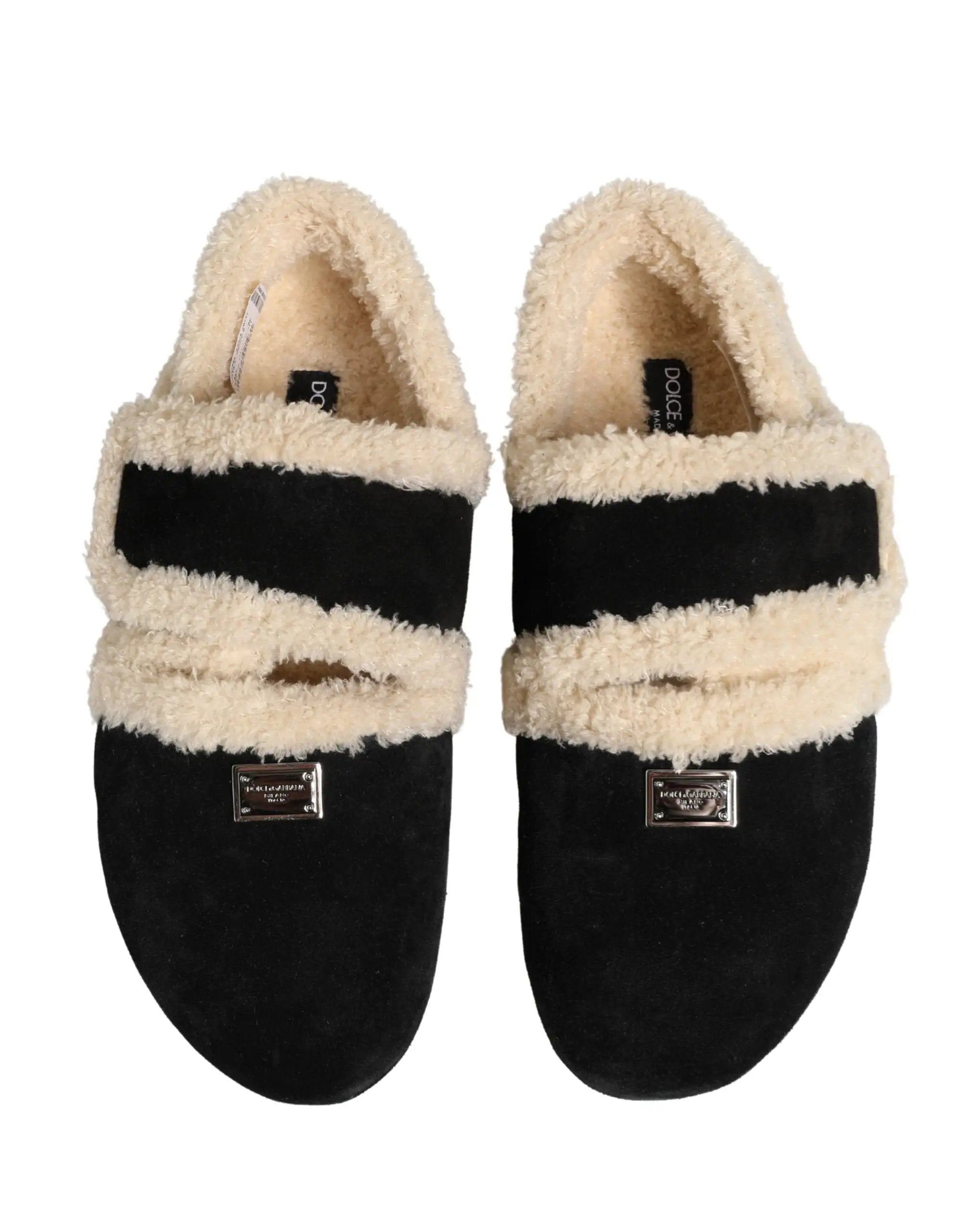 Dolce & Gabbana Sandales plates homme en fausse fourrure beige et noire
