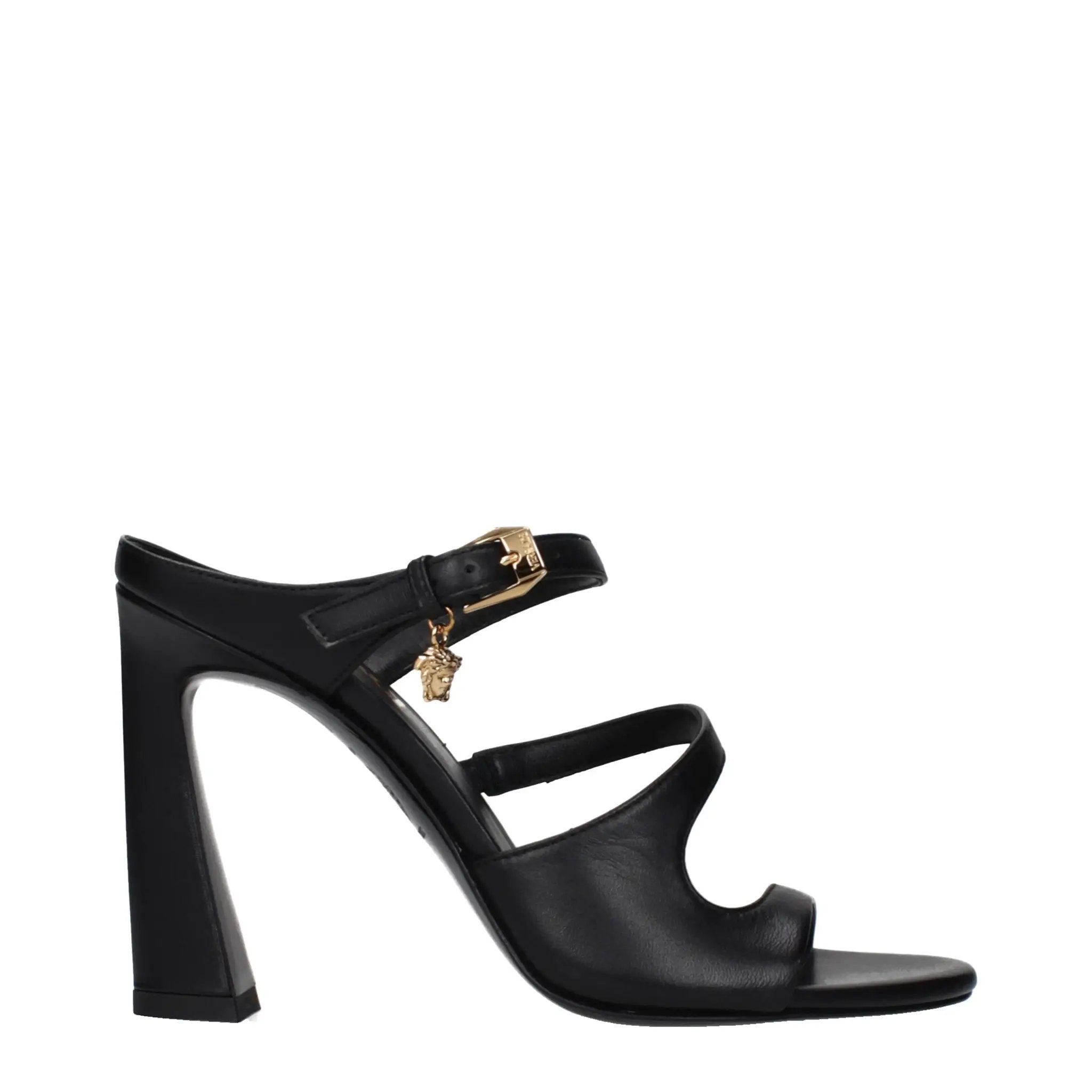 Sandales à talons aiguilles en cuir noir pour femme – Sandales à talons ornées du logo Versace