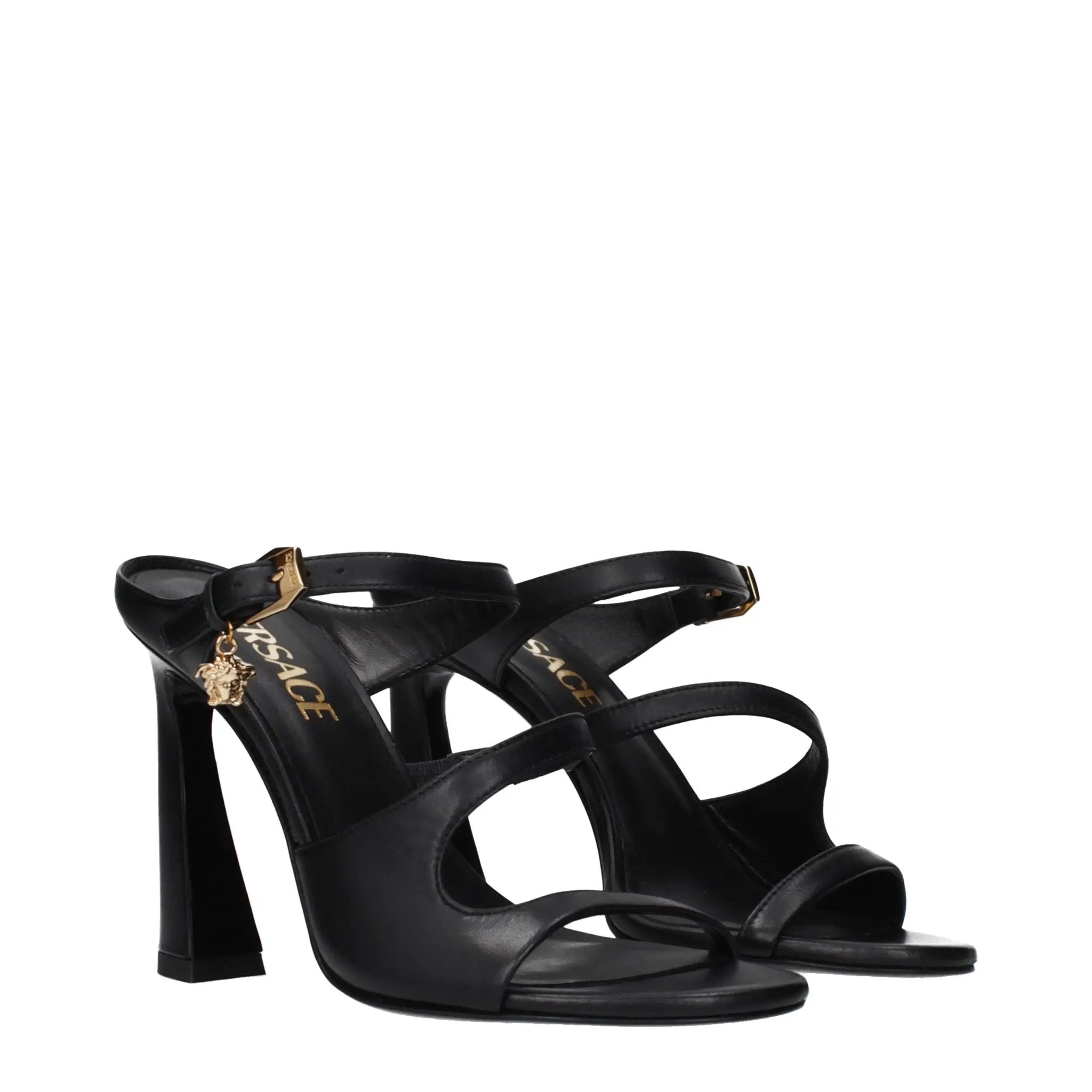 Sandales à talons aiguilles en cuir noir pour femme – Sandales à talons ornées du logo Versace
