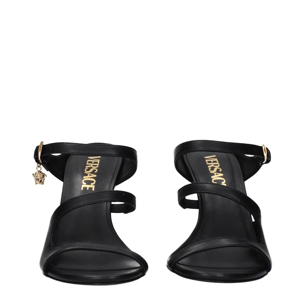 Sandales à talons aiguilles en cuir noir pour femme – Sandales à talons ornées du logo Versace