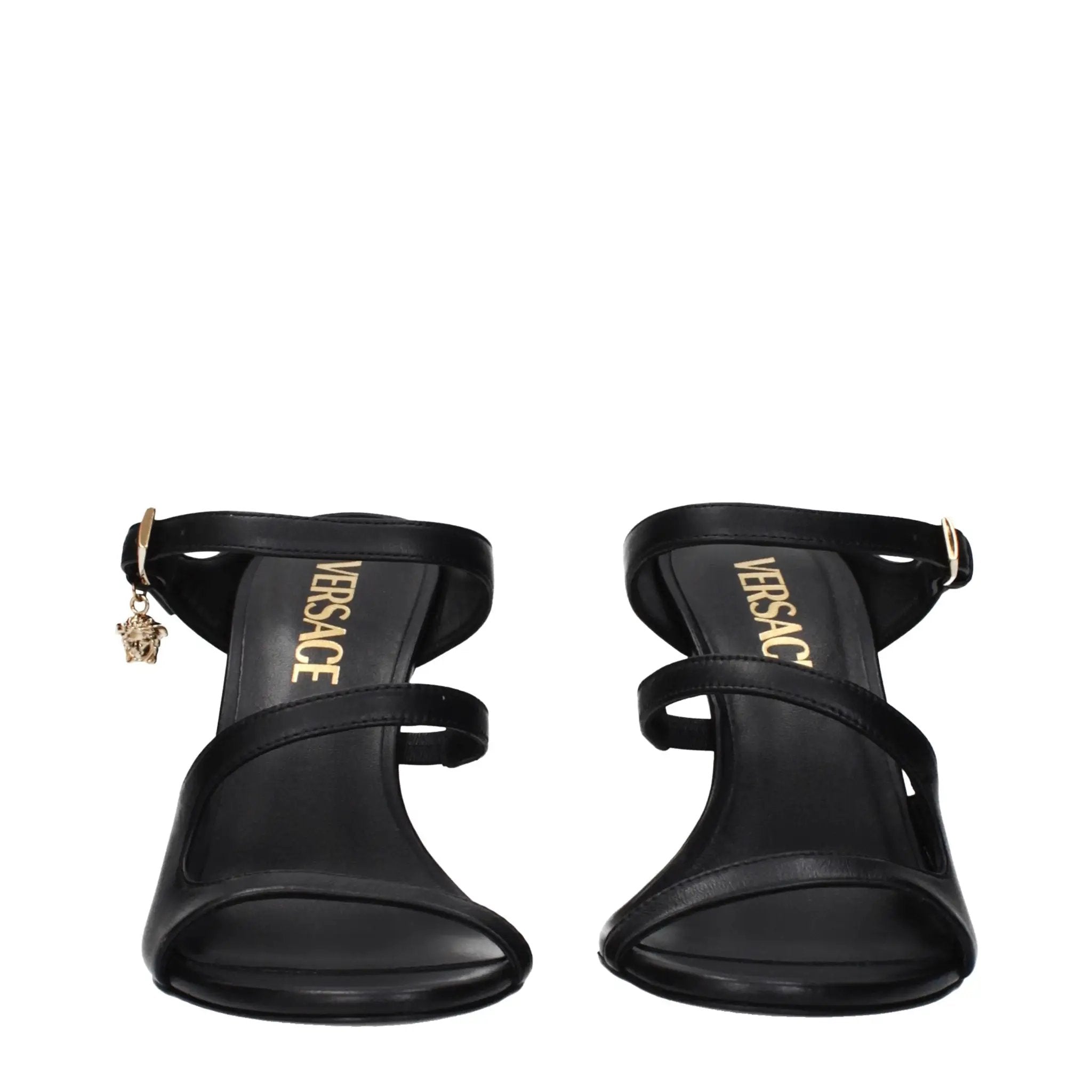 Sandales à talons aiguilles en cuir noir pour femme – Sandales à talons ornées du logo Versace