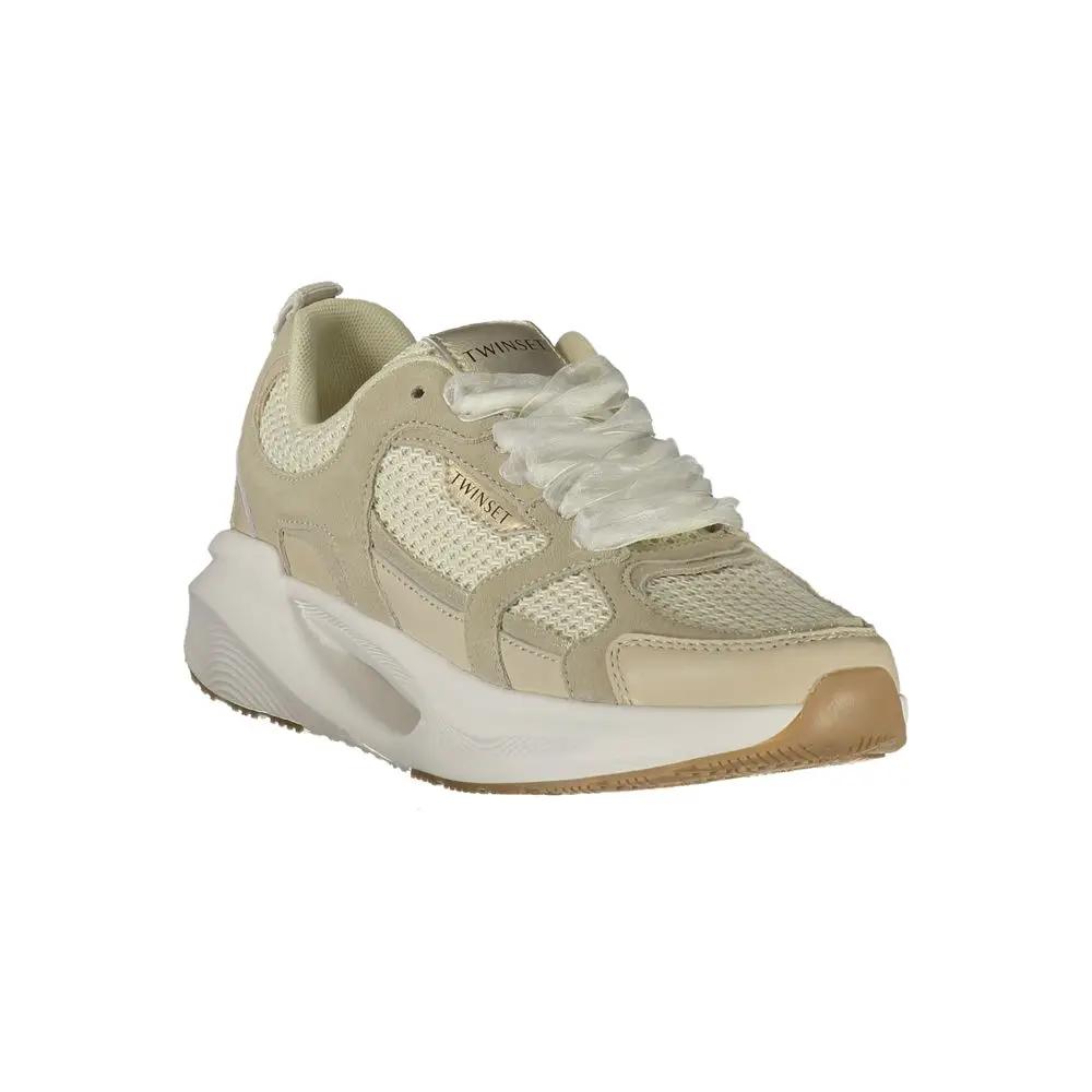 Women’s Beige Athletic Sneakers – Twinset Lace-Up Logo Trainers