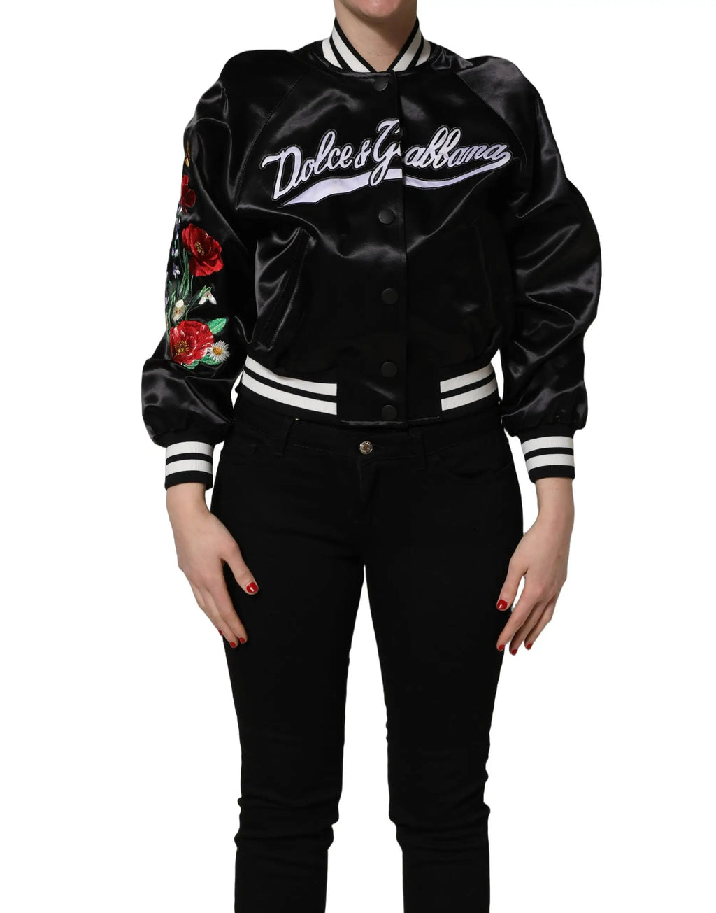 Blouson bombardier en satin noir brodé de fleurs Dolce & Gabbana