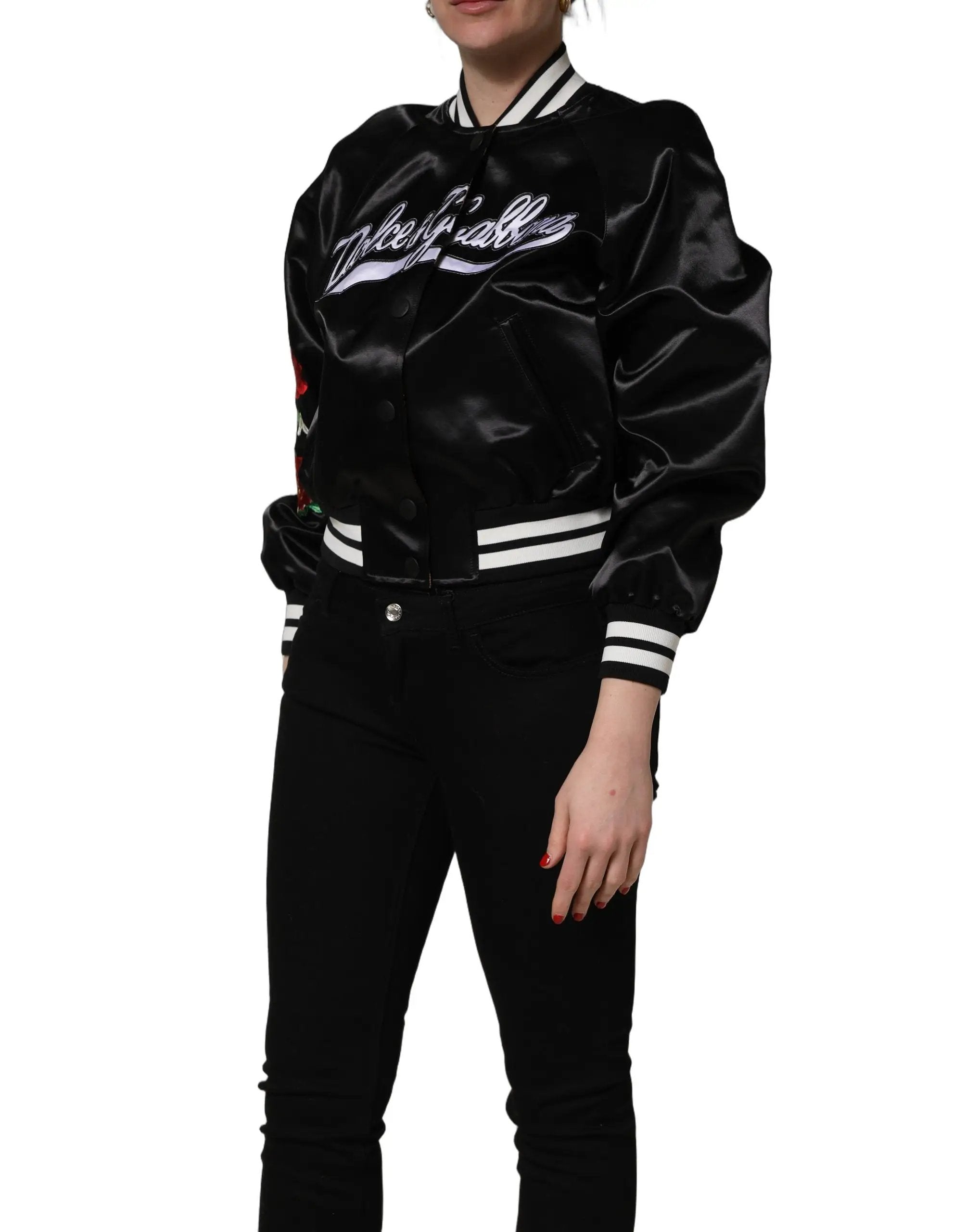 Blouson bombardier en satin noir brodé de fleurs Dolce & Gabbana