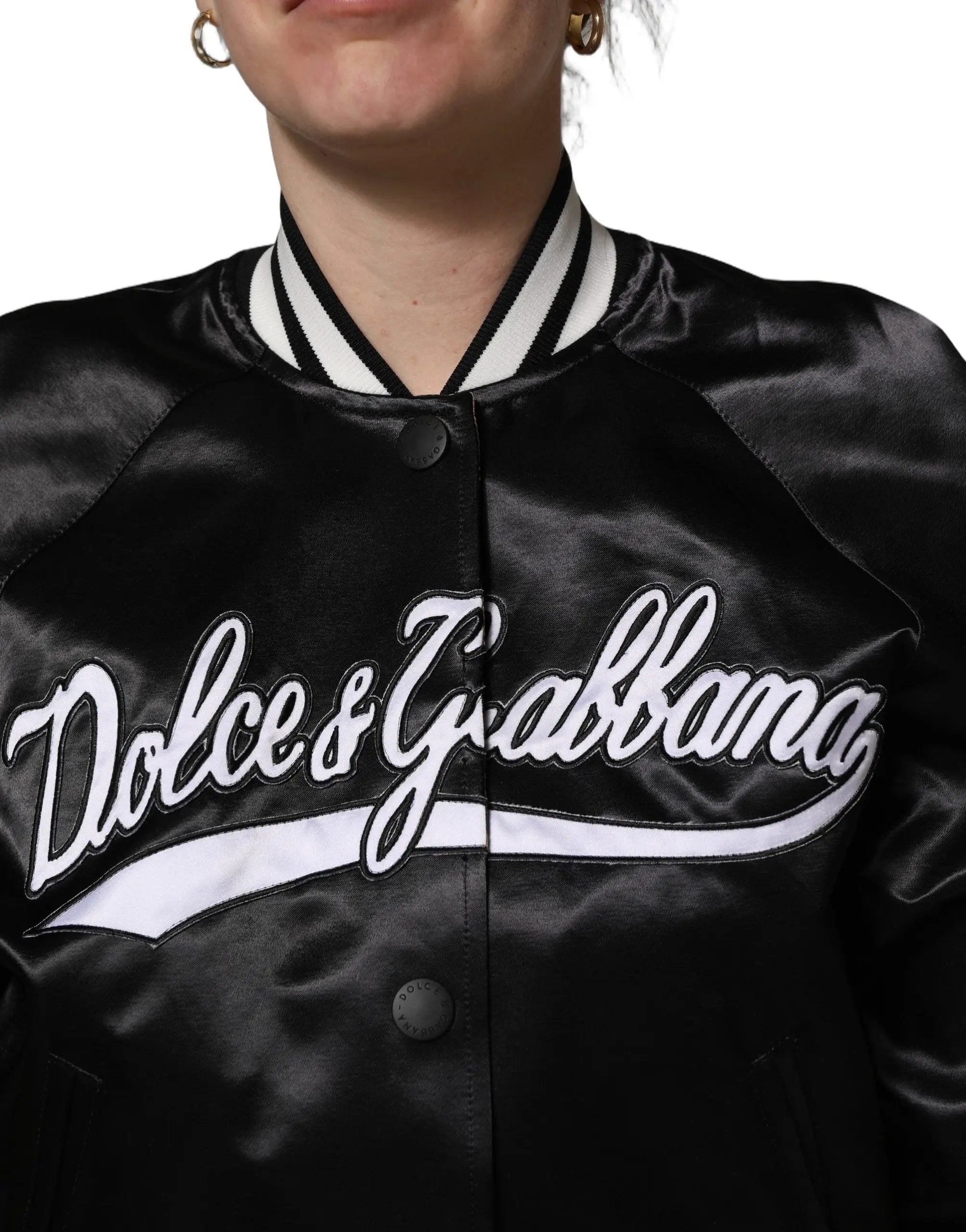 Blouson bombardier en satin noir brodé de fleurs Dolce & Gabbana