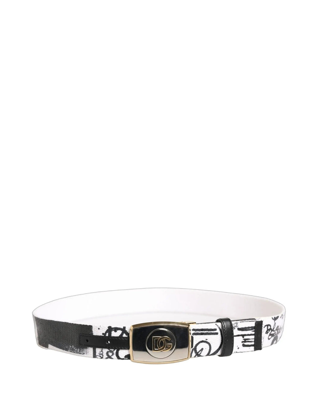 Dolce & Gabbana White Graffiti Print Gold Metal Buckle Belt