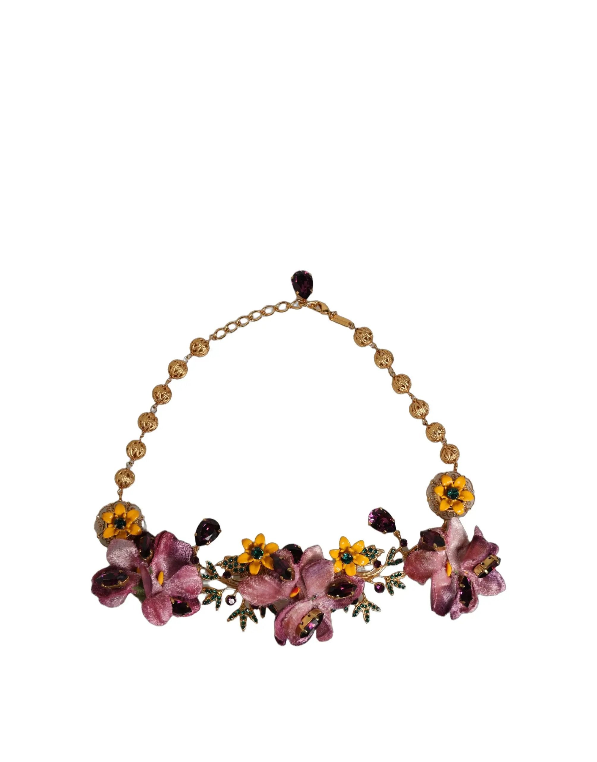 Collier Dolce & Gabbana en chaîne avec fleurs Fiori en laiton doré et cristaux