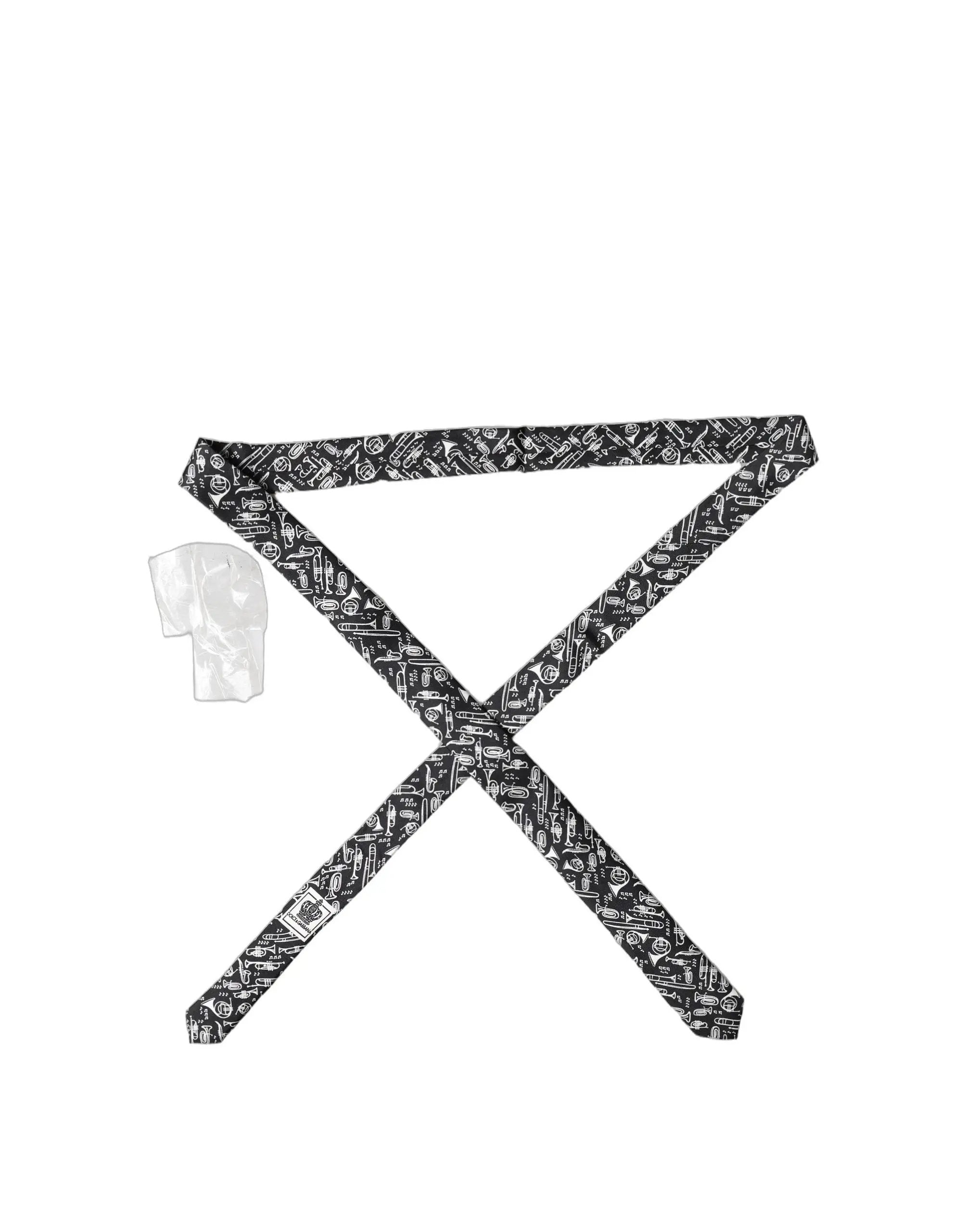 Dolce & Gabbana Black Trumpet Print Silk Adjustable Men Tied Necktie Tie