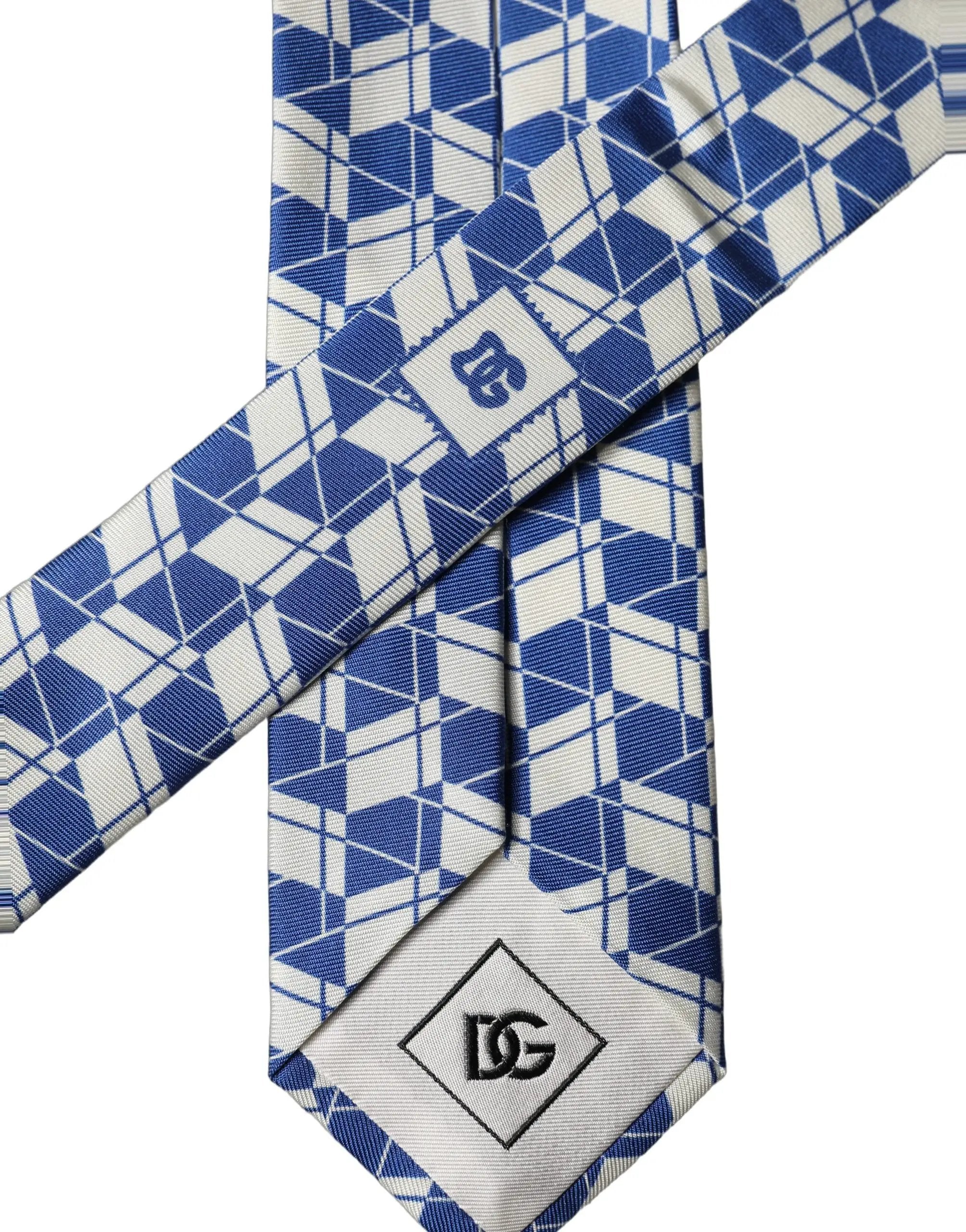 Cravate en soie réglable Dolce & Gabbana bleu et blanc à motif géométrique pour homme