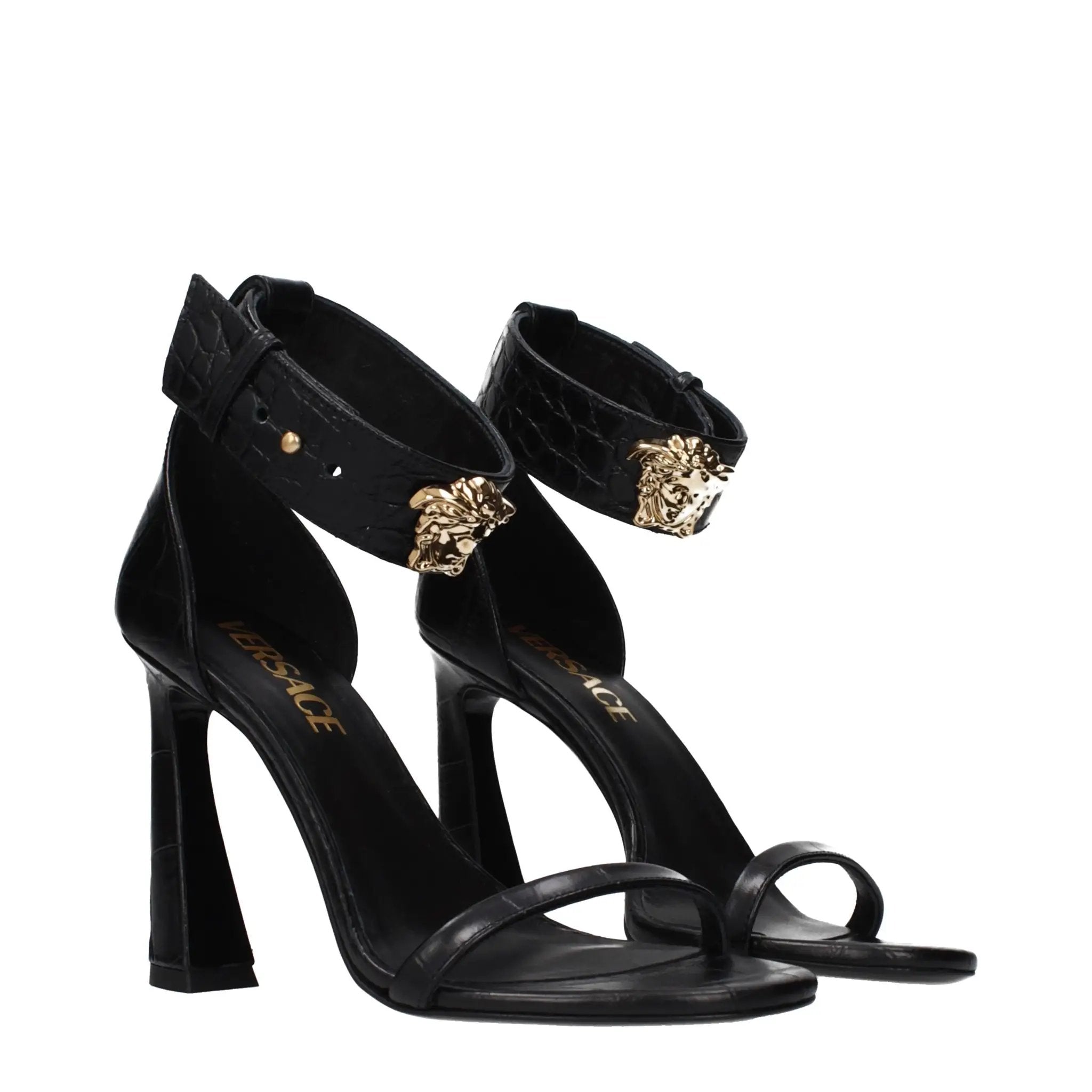 Versace Black Leather Stiletto Heel Sandals