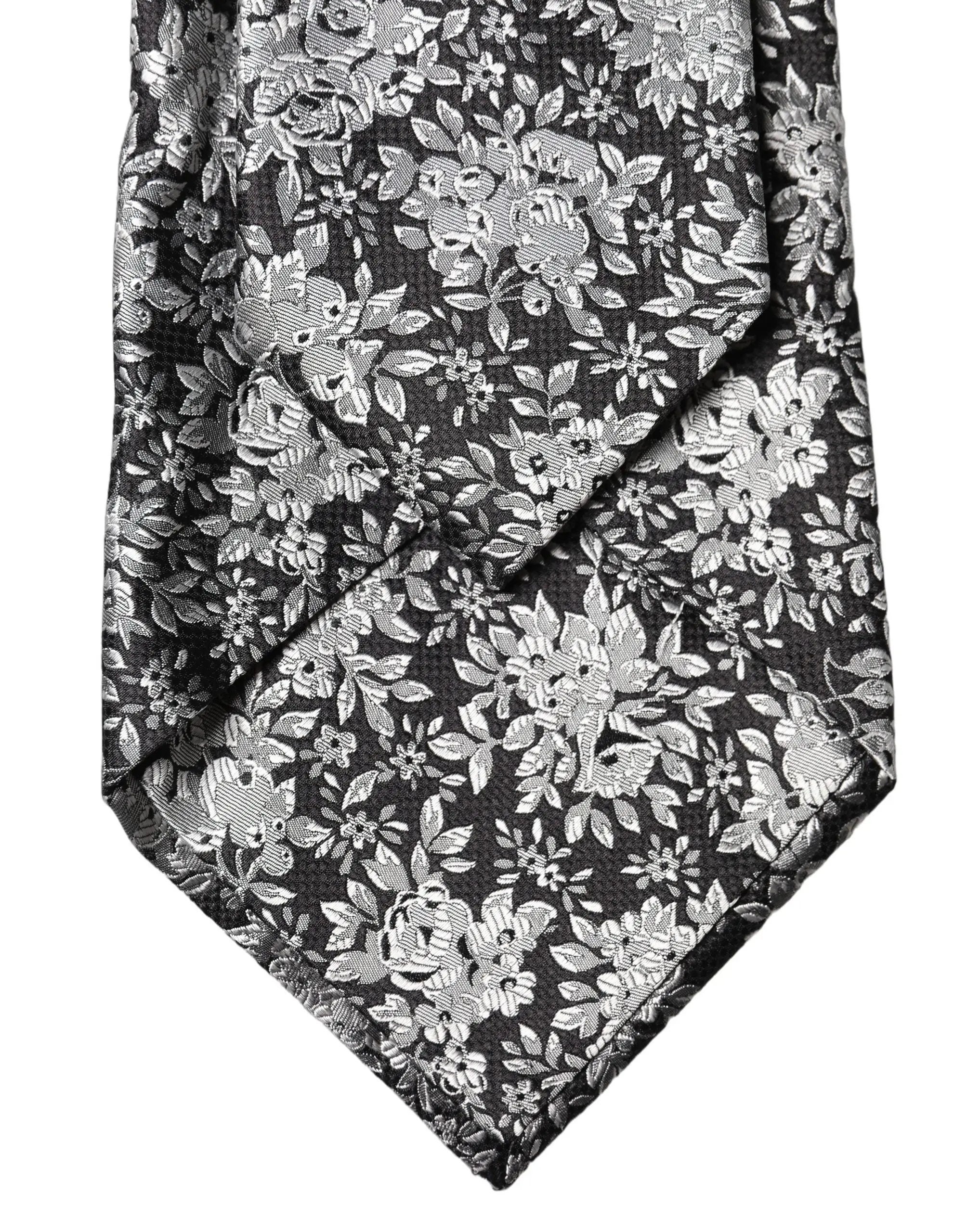 Dolce & Gabbana Black Silver Floral Silk Adjustable Women Necktie Tie