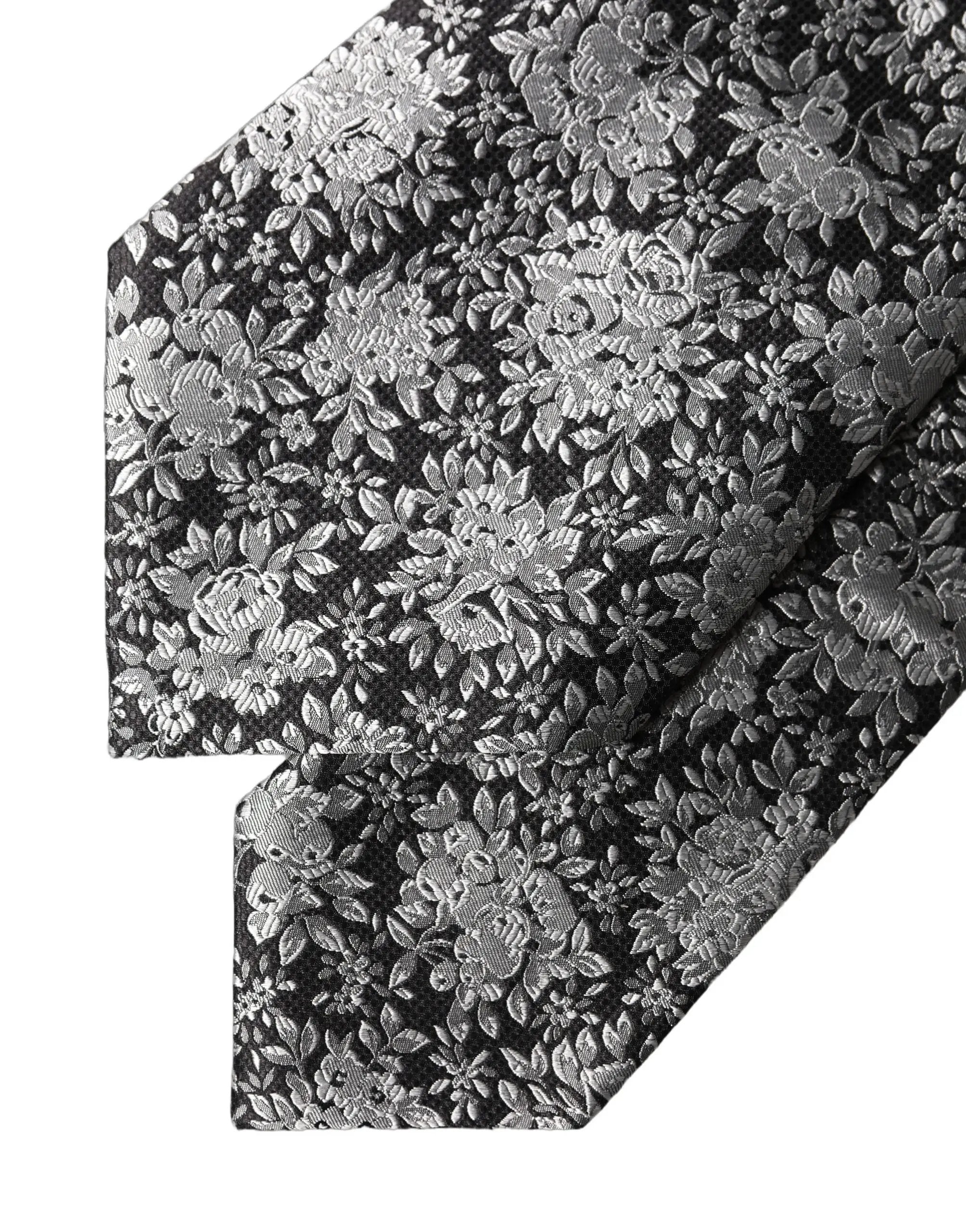 Dolce & Gabbana Black Silver Floral Silk Adjustable Women Necktie Tie
