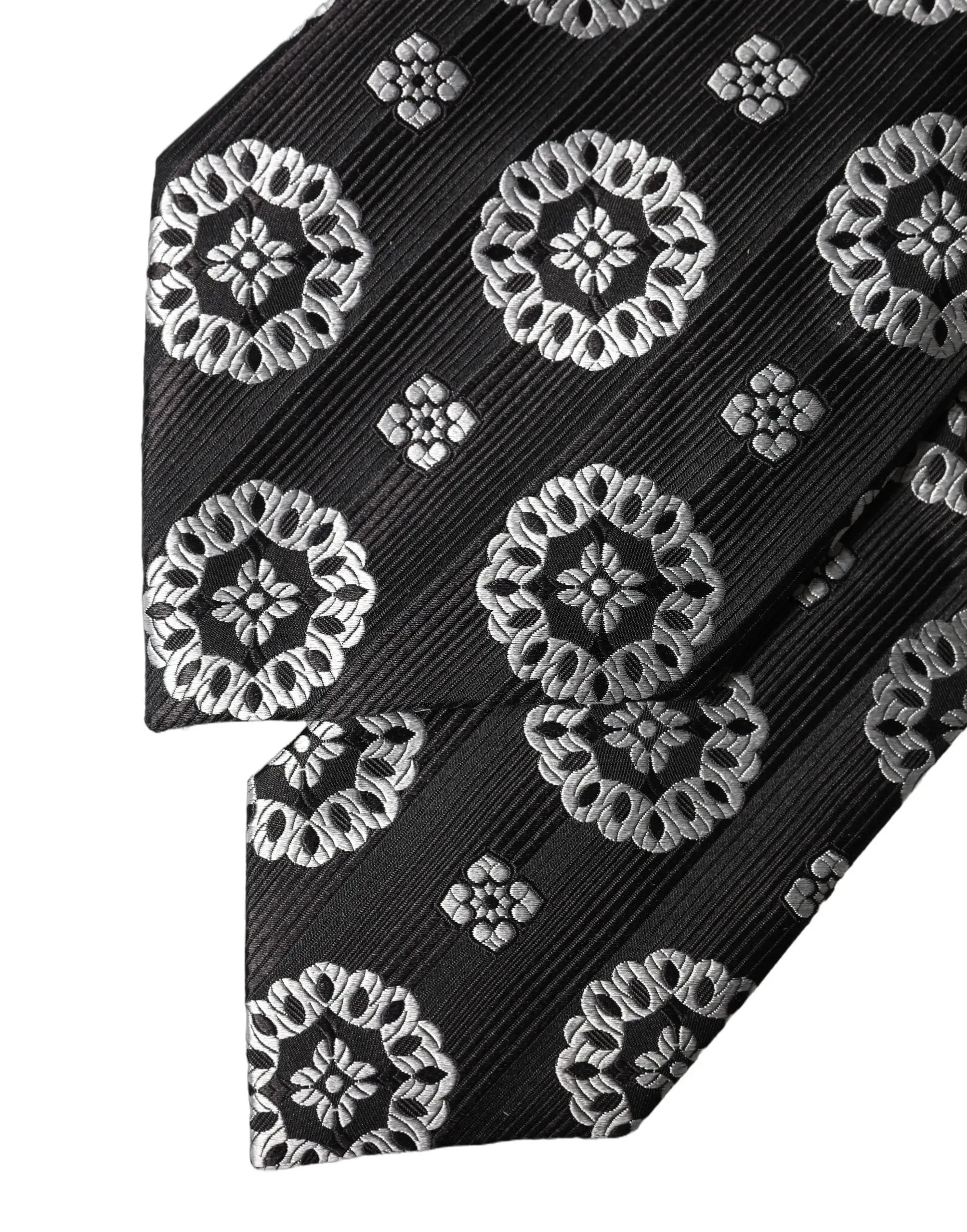 Dolce & Gabbana Black White Floral Silk Adjustable Women Necktie Tie