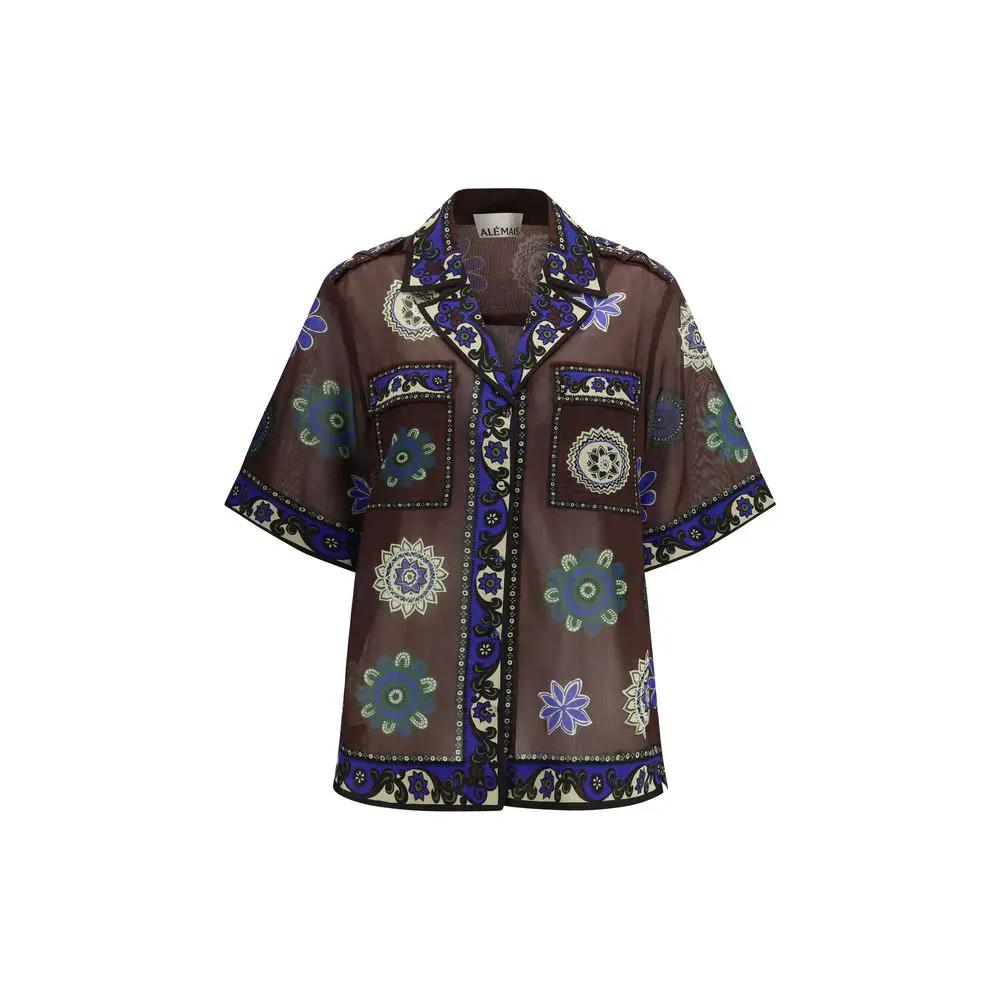 Chemise Alemais en ramie marron à motifs