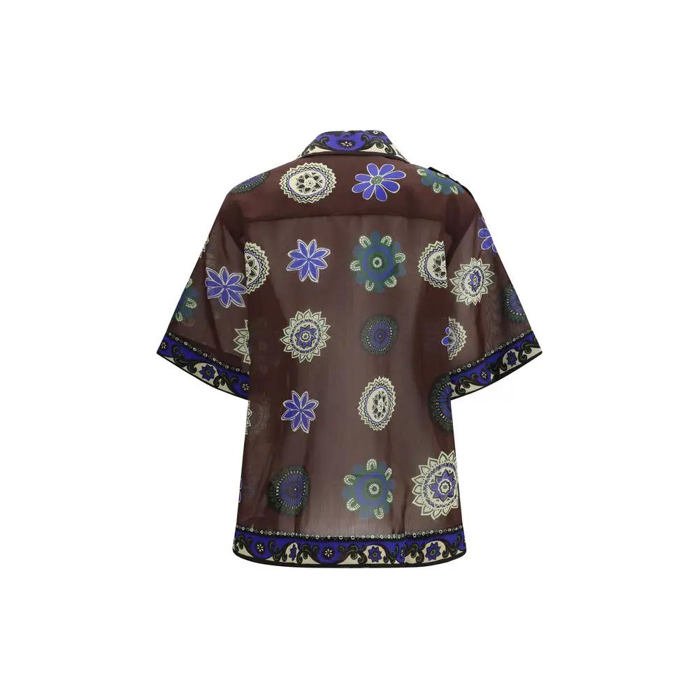 Chemise Alemais en ramie marron à motifs
