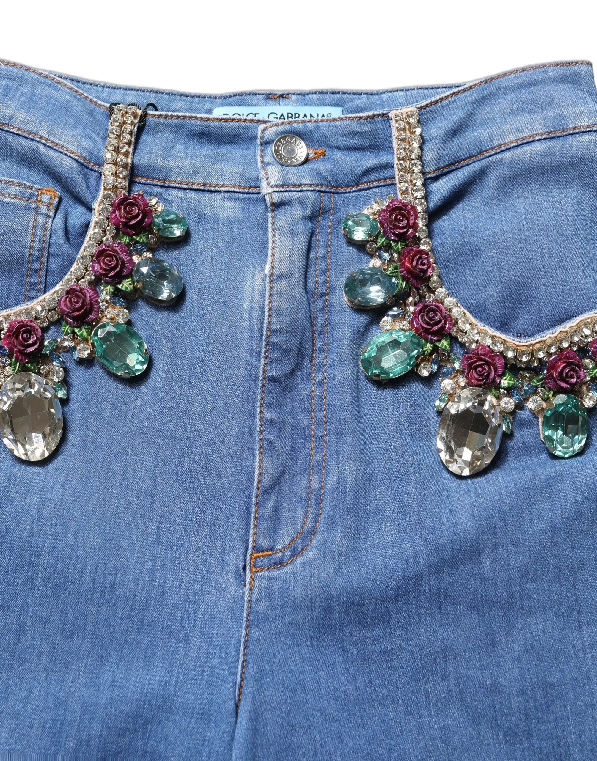 Dolce & Gabbana Blue Embellished Wide Cropped Denim Jeans