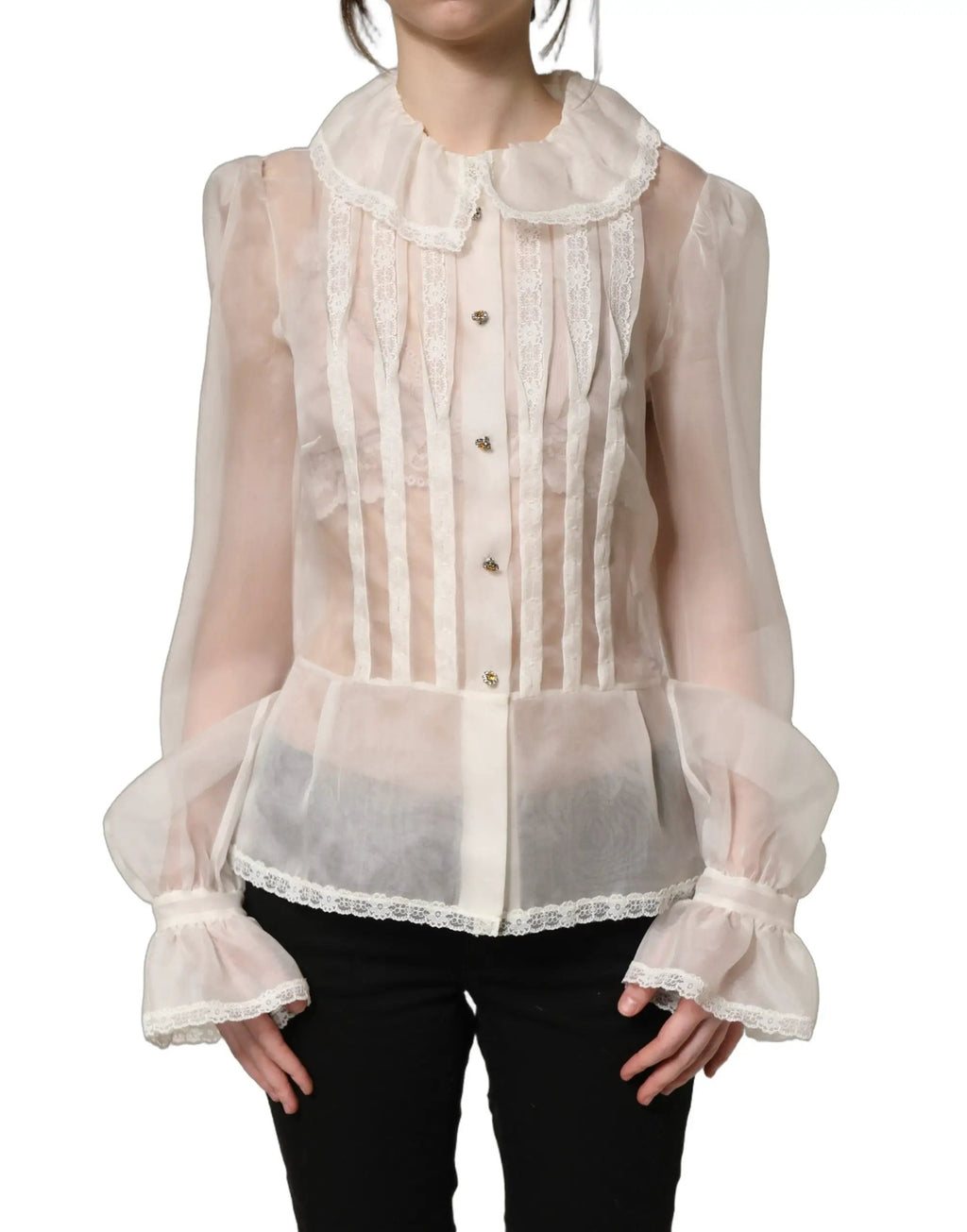 Chemisier boutonné Dolce & Gabbana en soie transparente blanche à volants