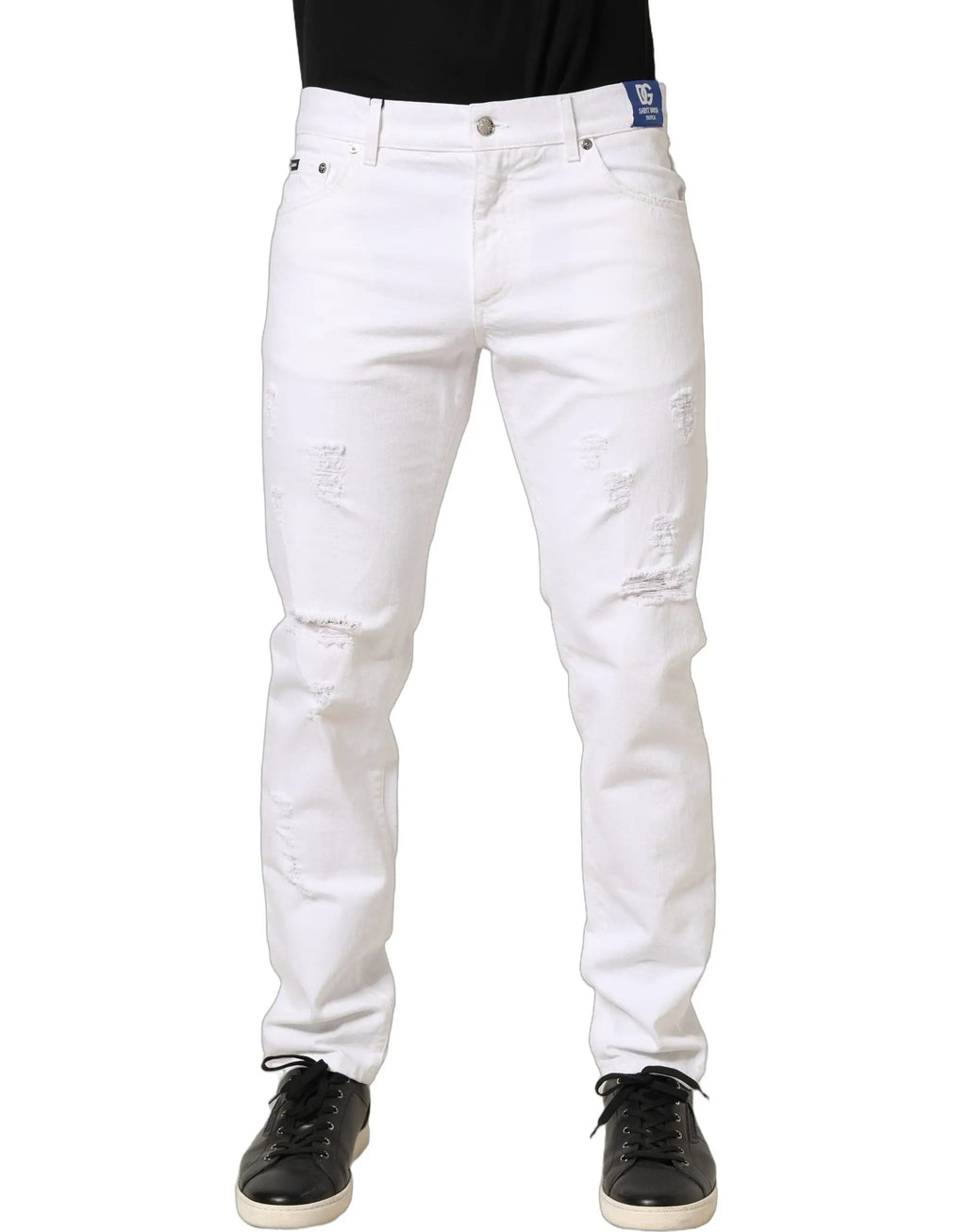 Dolce & Gabbana Jean Slim Homme Blanc Coton Délavé et Délacé