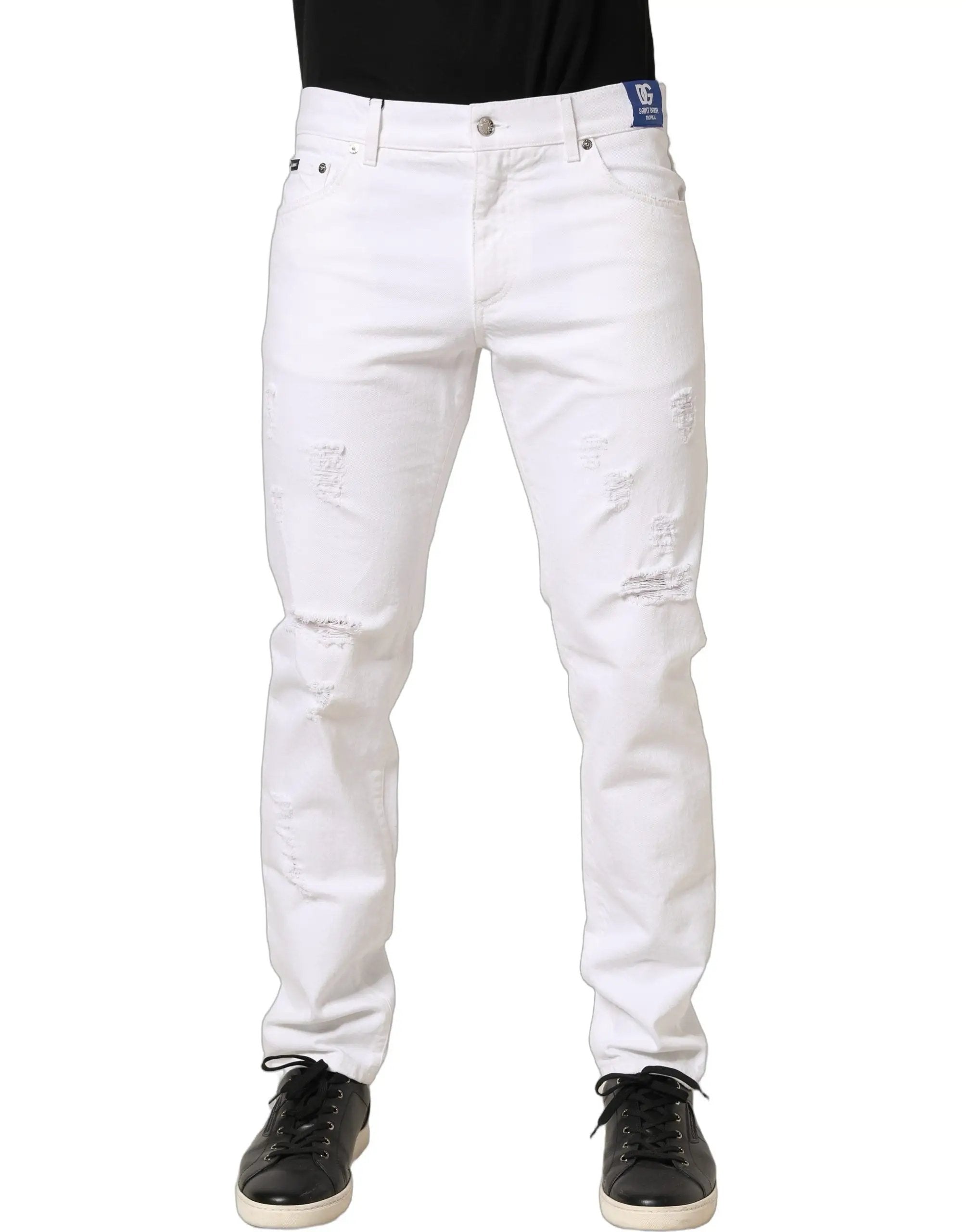 Dolce & Gabbana Jean Slim Homme Blanc Coton Délavé et Délacé