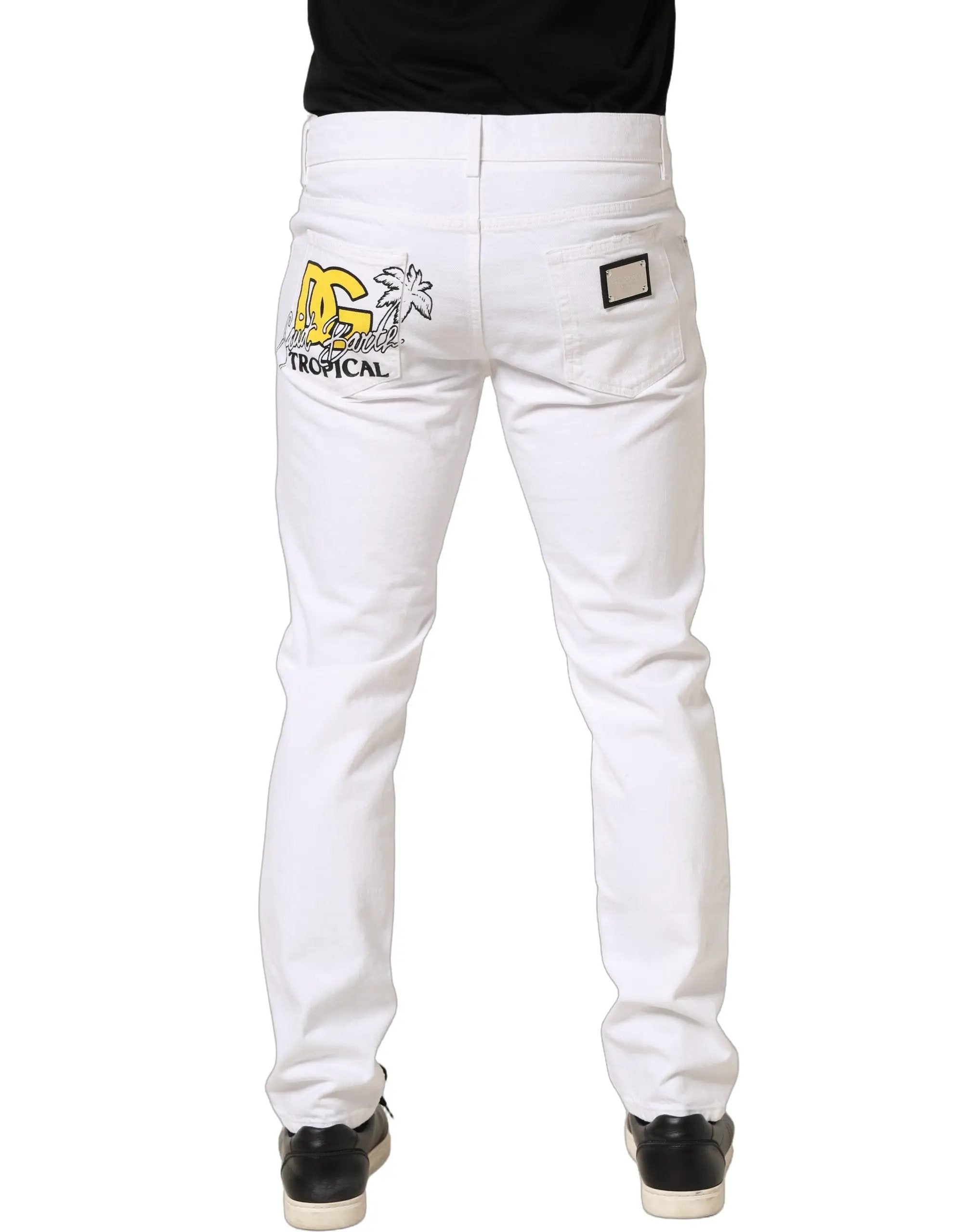 Dolce & Gabbana Jean Slim Homme Blanc Coton Délavé et Délacé