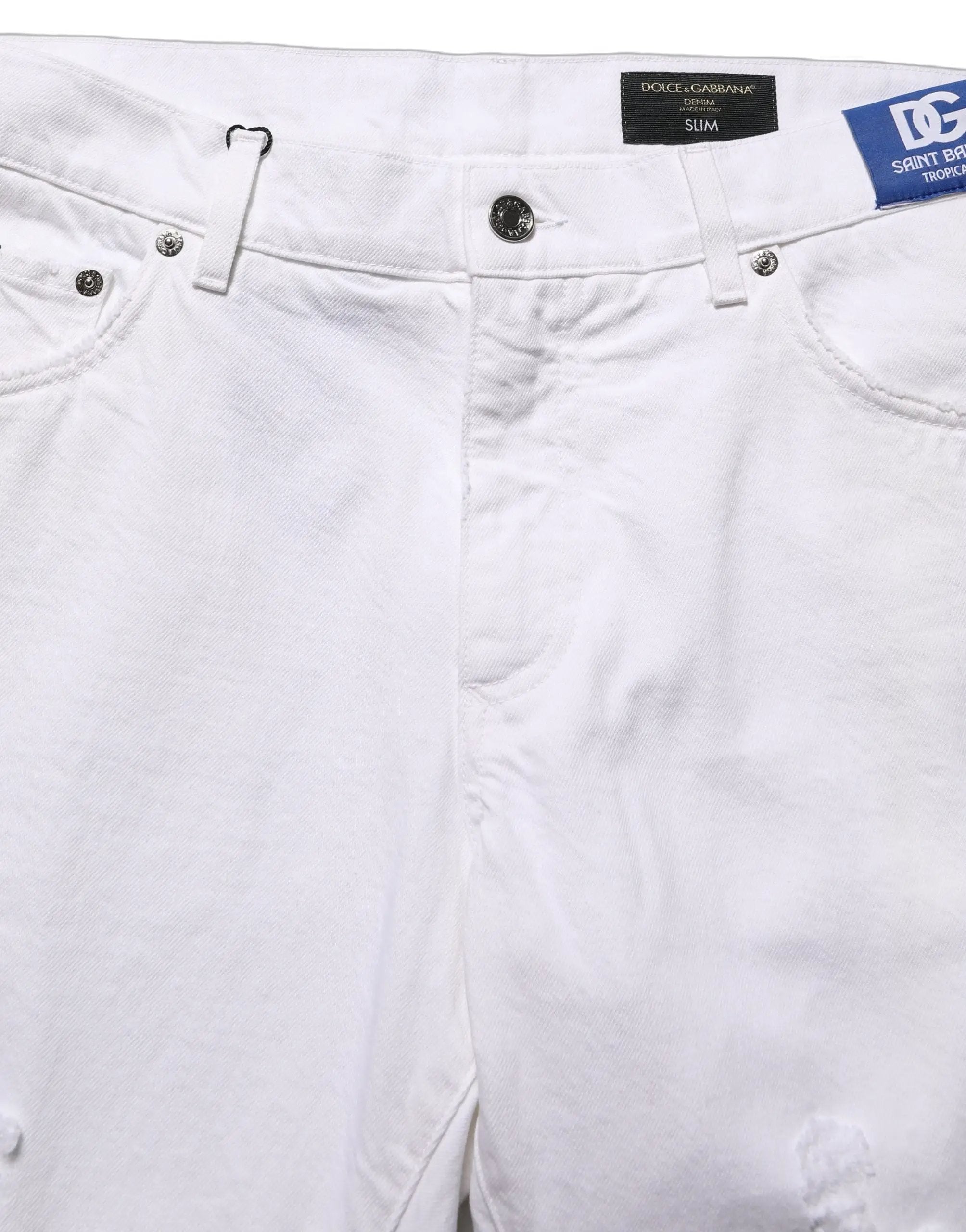 Dolce & Gabbana Jean Slim Homme Blanc Coton Délavé et Délacé