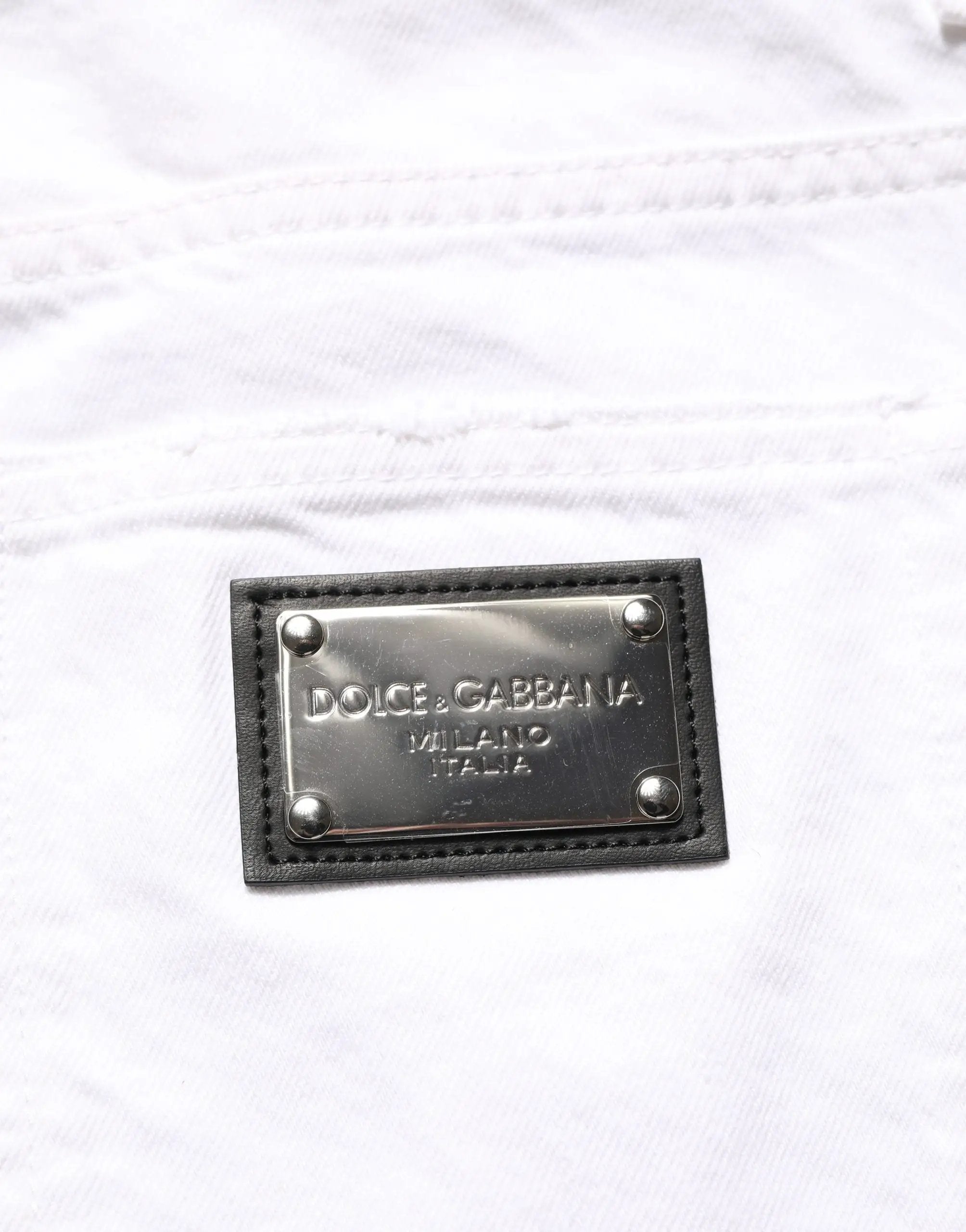 Dolce & Gabbana Jean Slim Homme Blanc Coton Délavé et Délacé