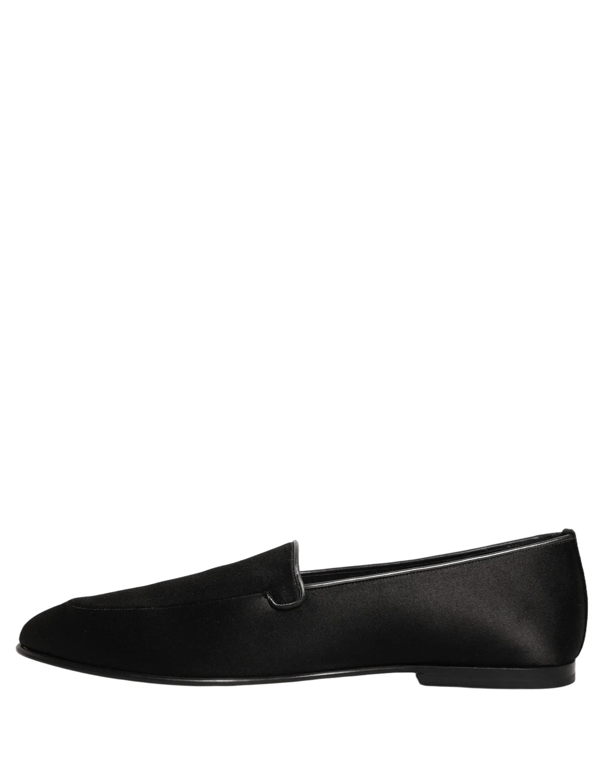 Dolce & Gabbana Black Satin Logo Slip On Flats Loafers Shoes