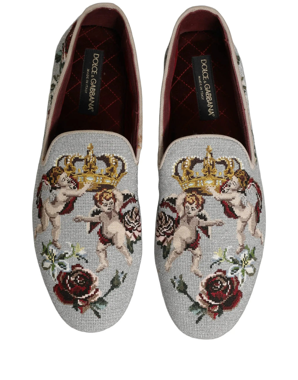 Chaussures mocassins Dolce & Gabbana gris brodés Couronne Rose Ange