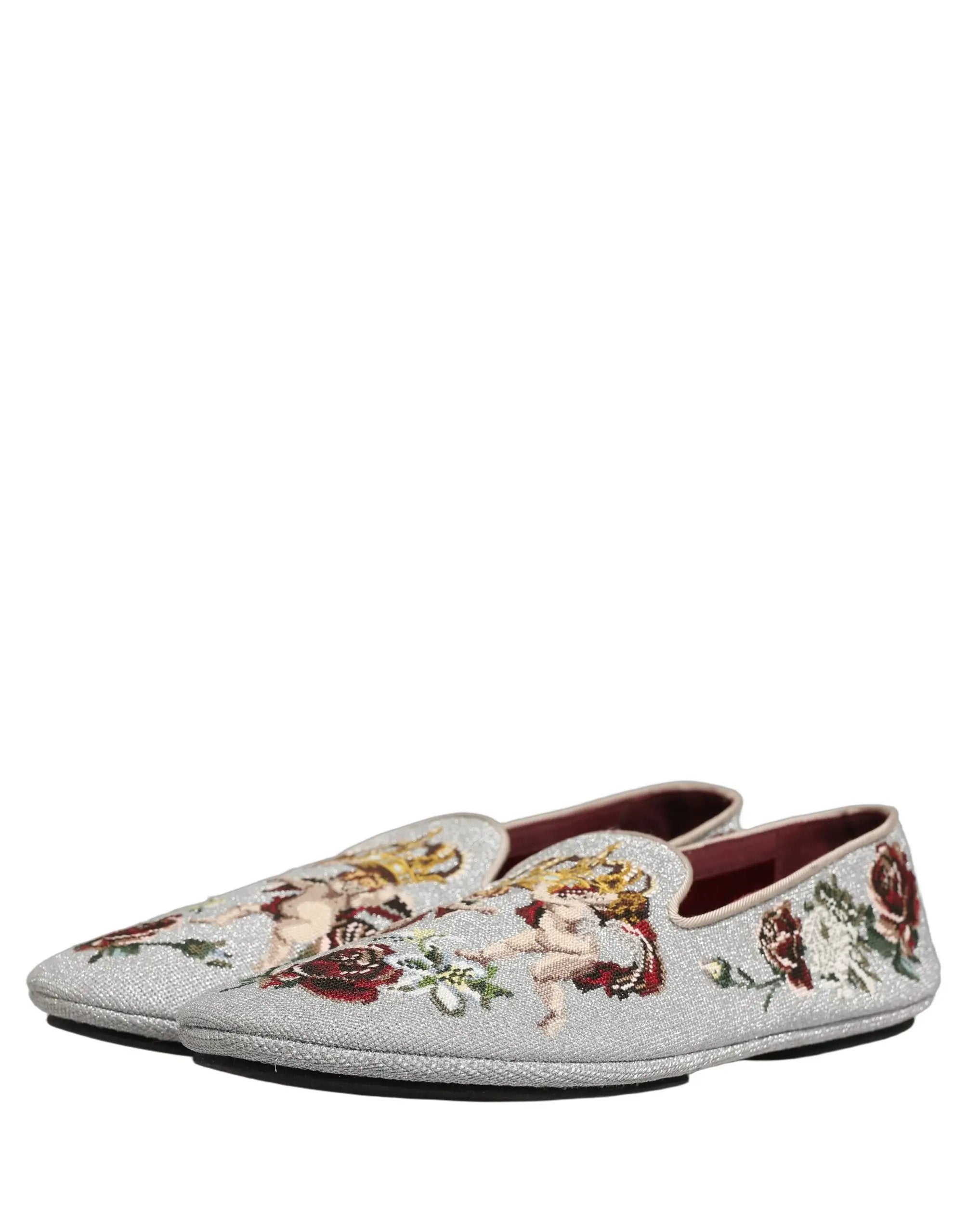 Chaussures mocassins Dolce & Gabbana gris brodés Couronne Rose Ange